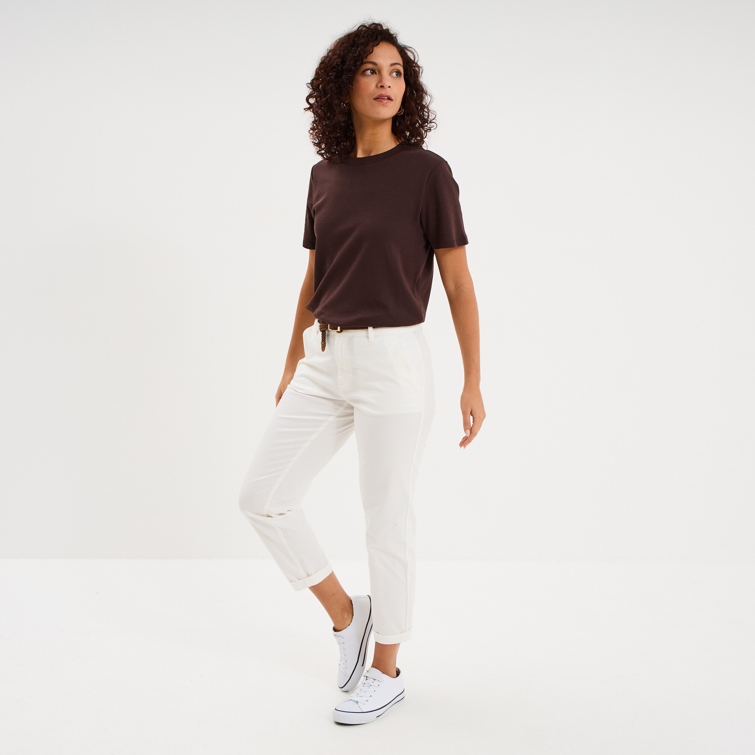 Pantalon chino 7/8&egrave;me ceinture tress&eacute;e ecru femme
