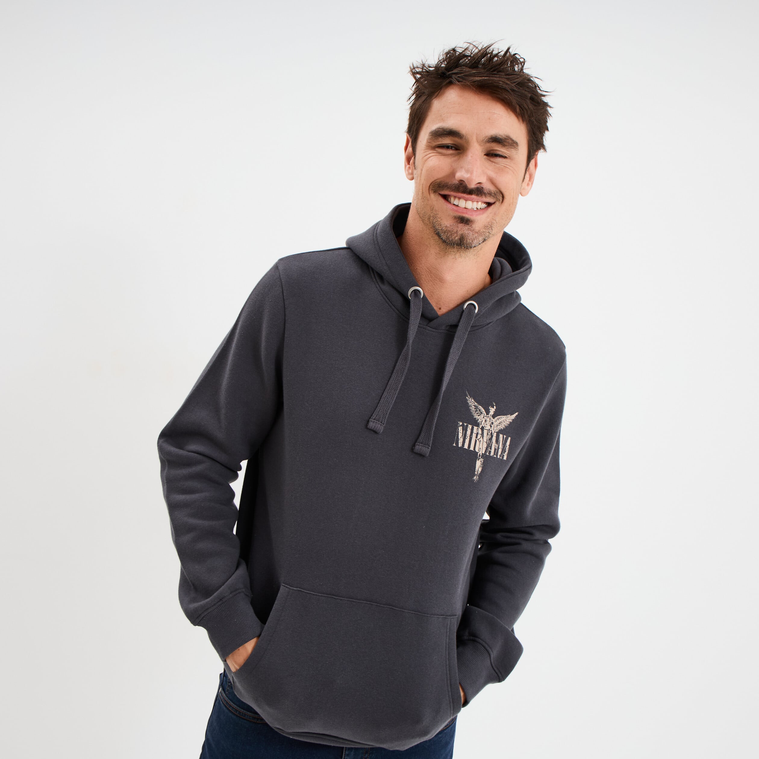 Sweat hoodie 1 poche Nirvana gris fonc&eacute; homme