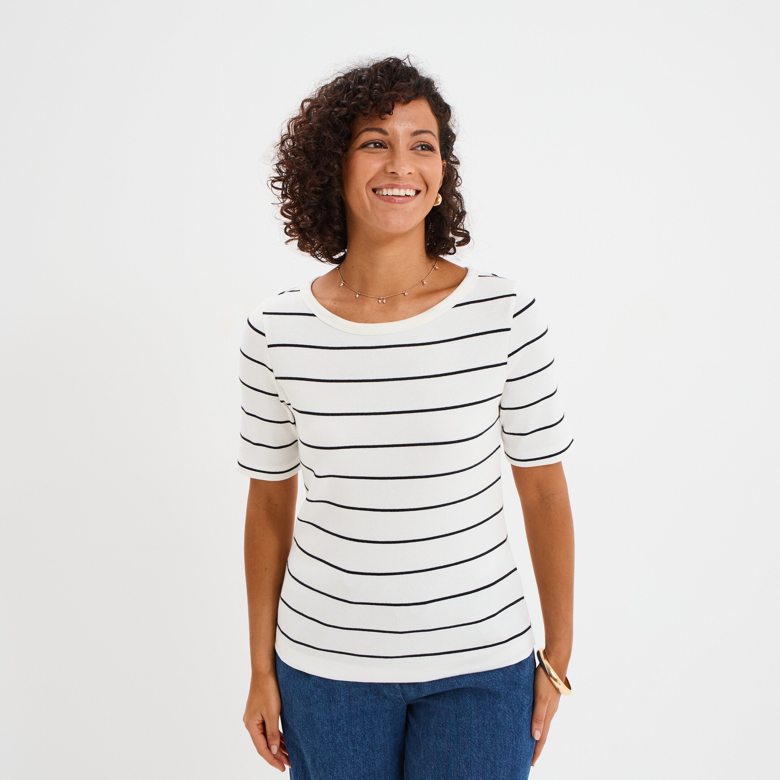 T-shirt col rond manches courtes coton ecru femme