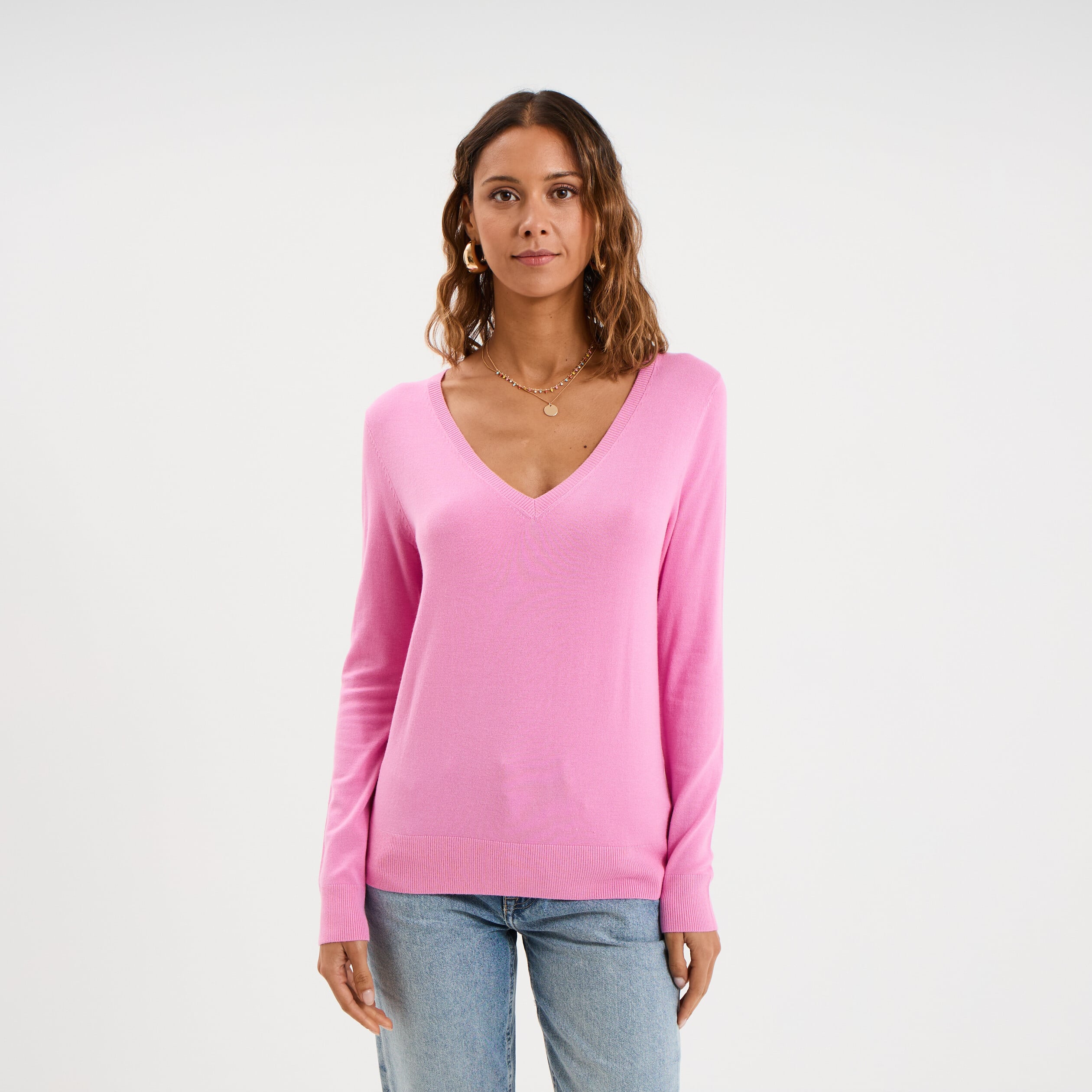 Pull col en V manches longues rose femme