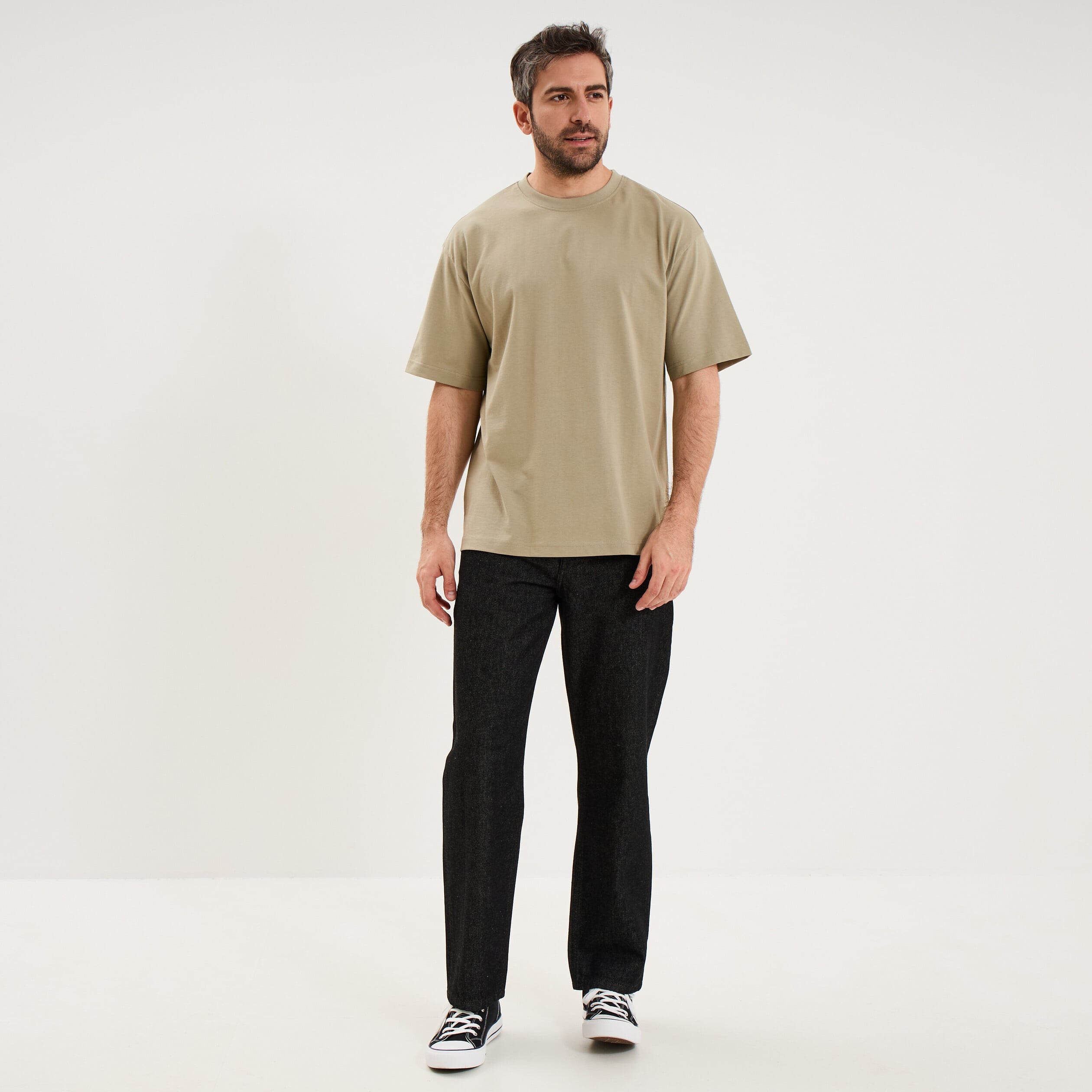 T-shirt col rond coupe relax coton &eacute;pais vert kaki homme