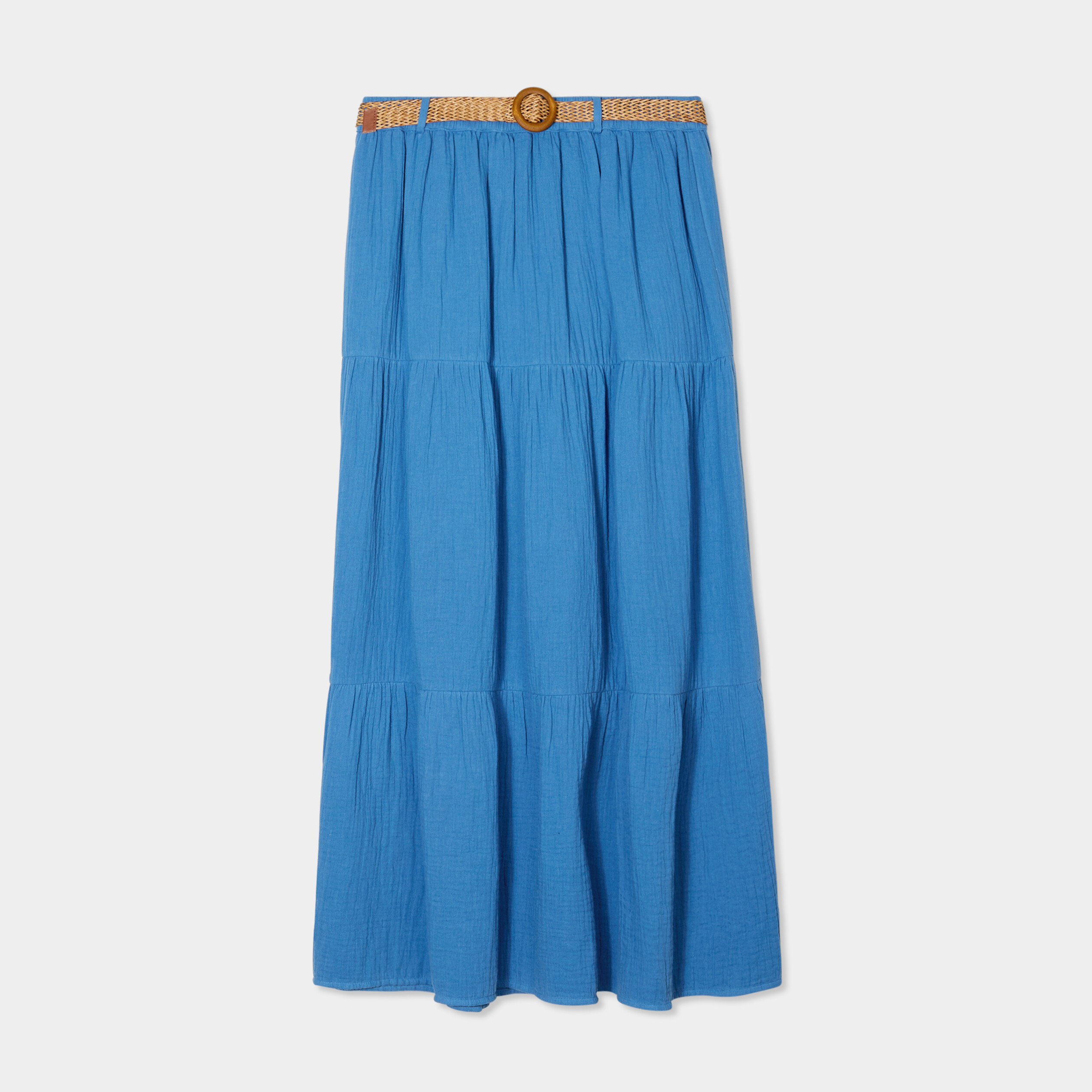 Jupe longue gaze de coton ceintur&eacute;e bleu fonc&eacute; femme