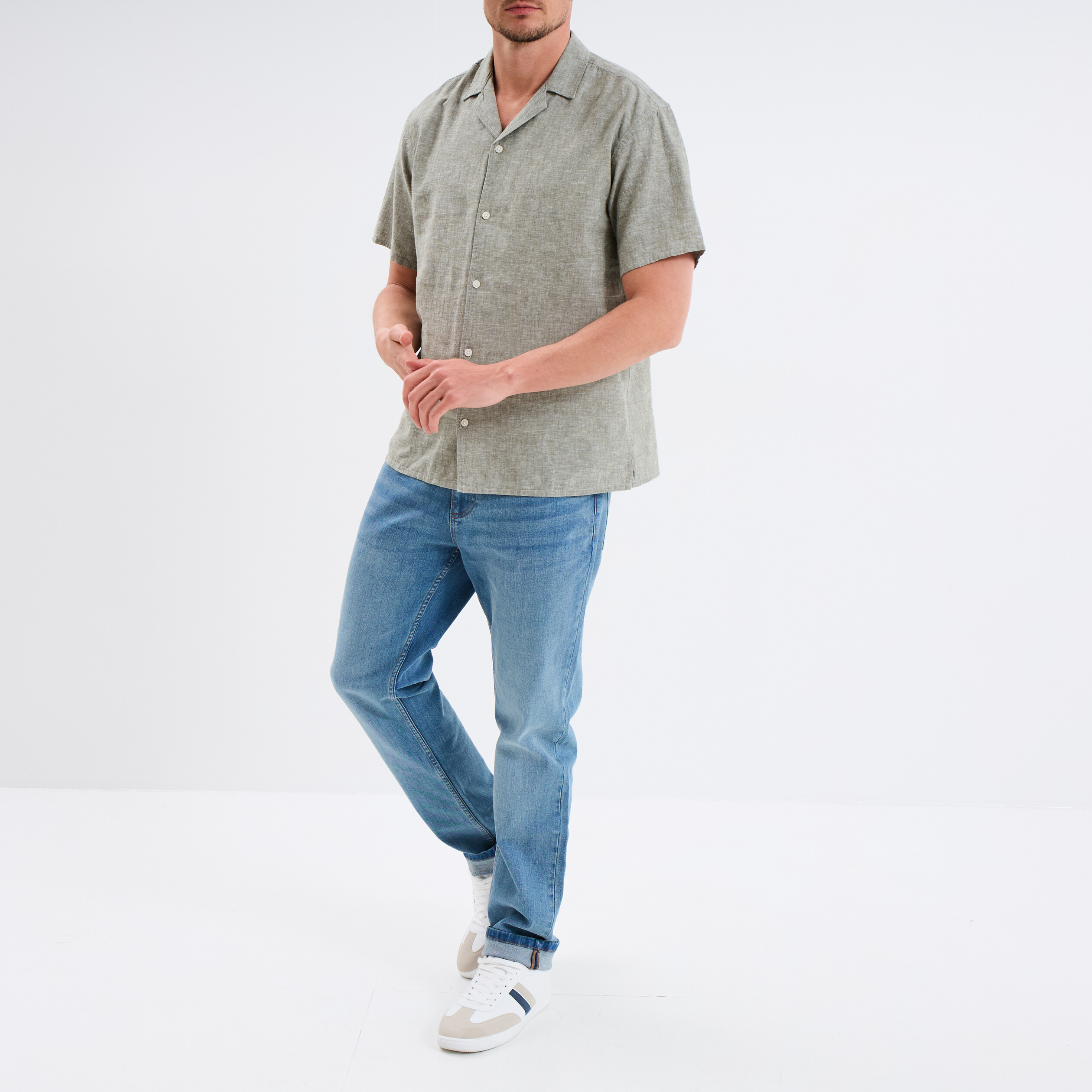 chemise manches courtes melange lin vert kaki homme Chemise manches courtes mélange lin vert kaki homme