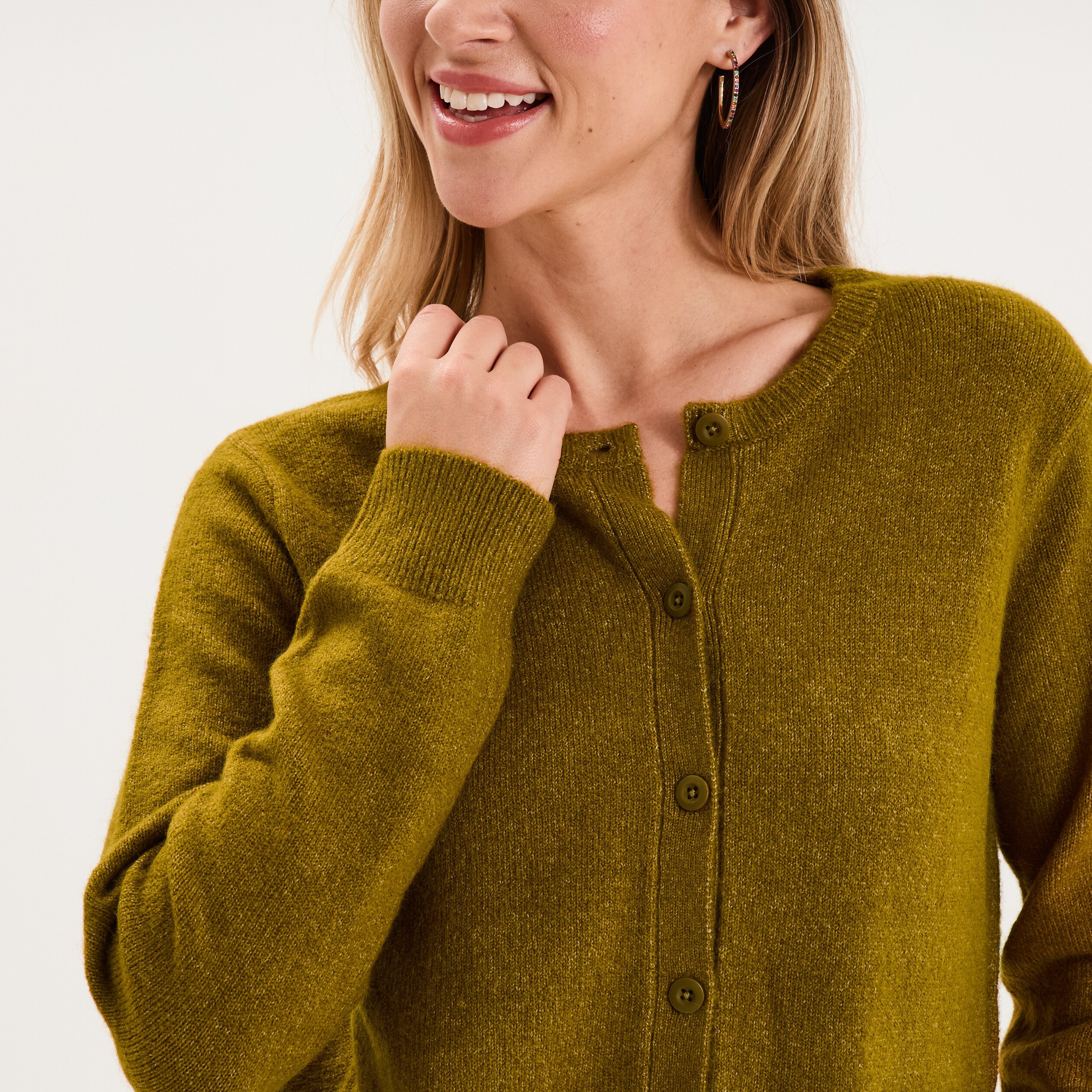 Gilet col rond manches longues vert olive femme