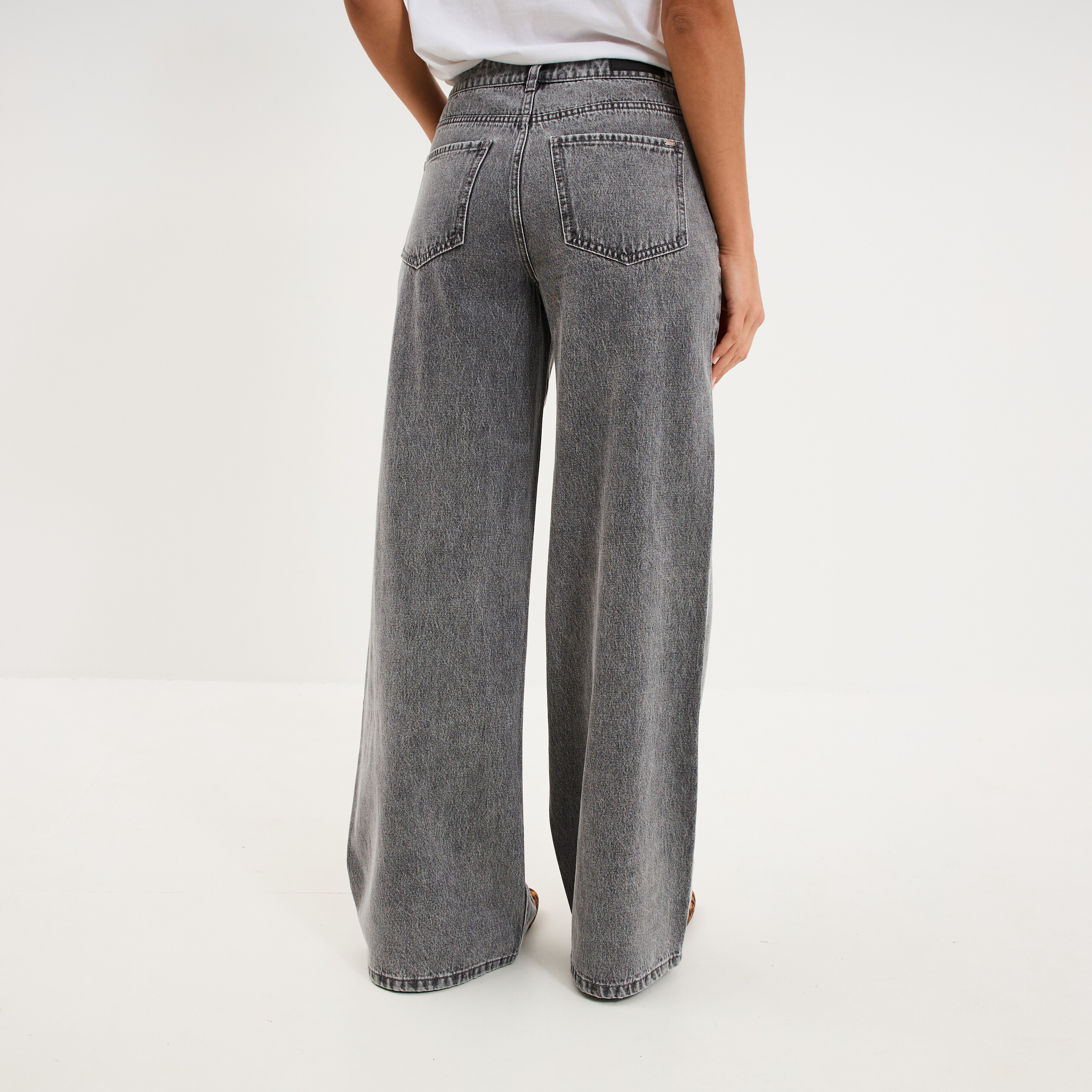 Jeans extra wide leg taille haute denim gris femme