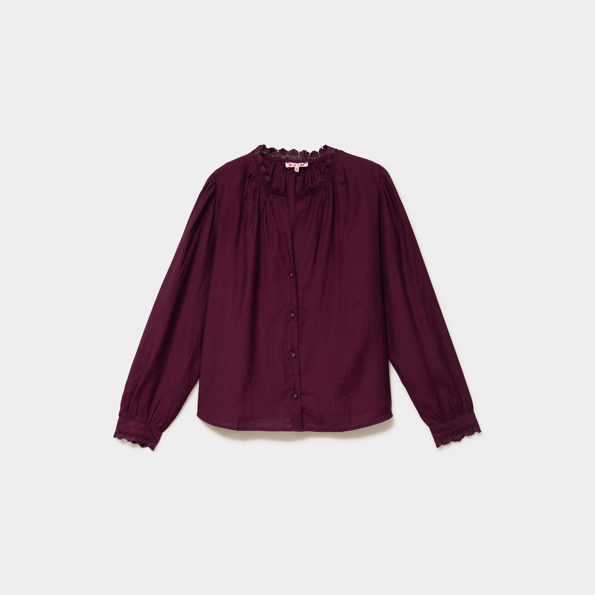 Blouse manches longues col dentelle violet fonc&eacute; femme