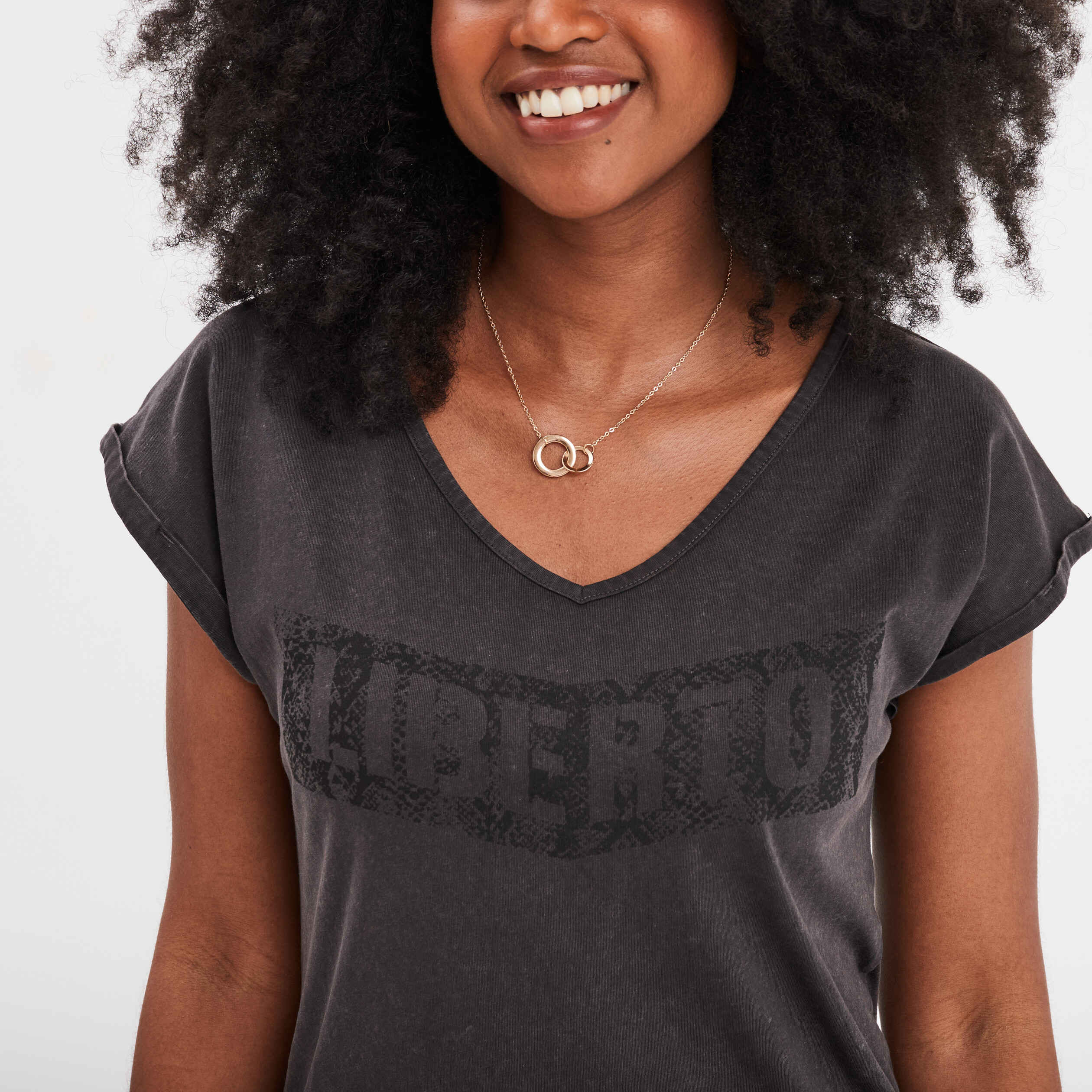 T shirt coton col en V manches courtes noir femme La Halle