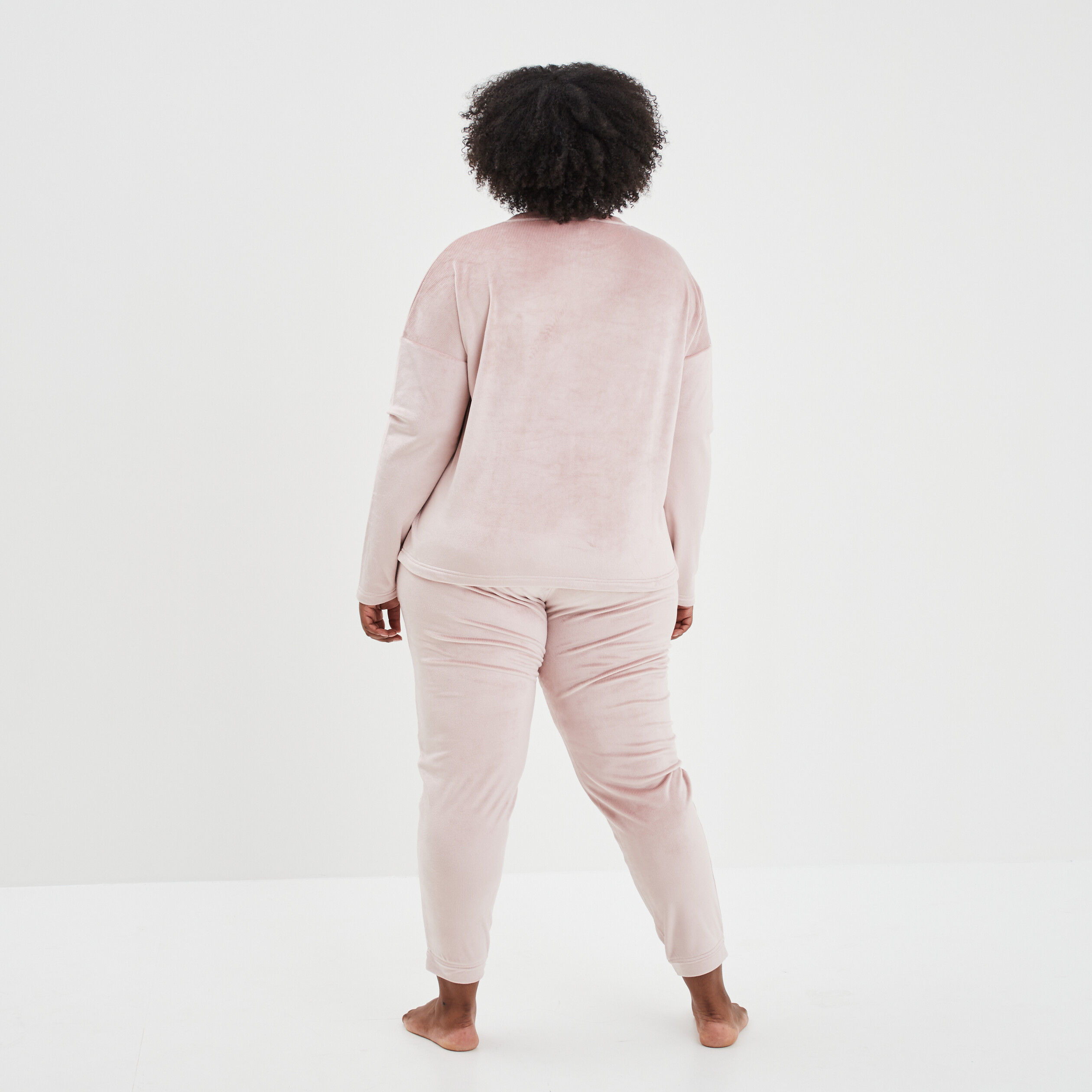 Ensemble pyjama pantalon velours côtelé rose pastel femme grande taille