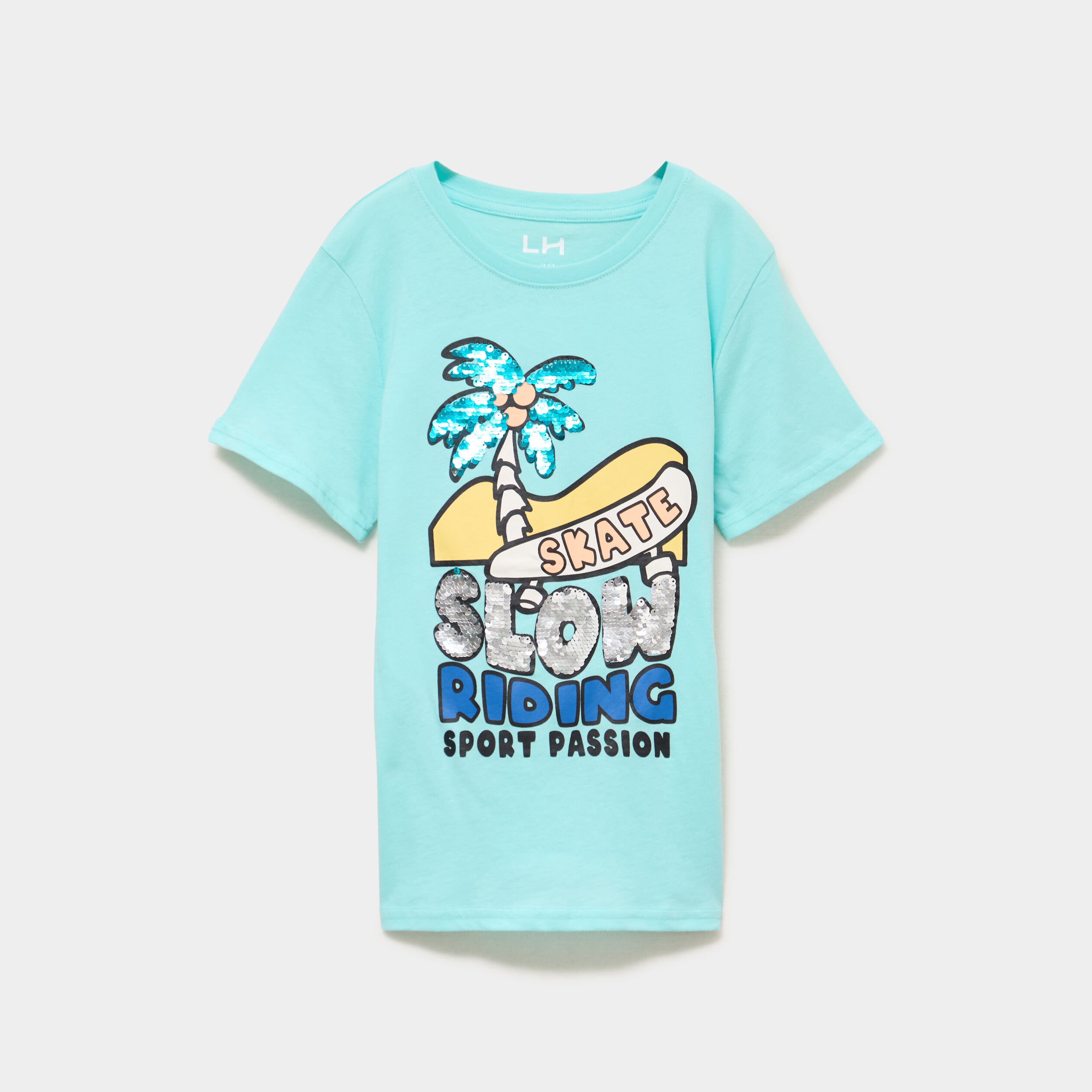 T-shirt &agrave; sequins manches courtes coton bleu turquoise gar&ccedil;on
