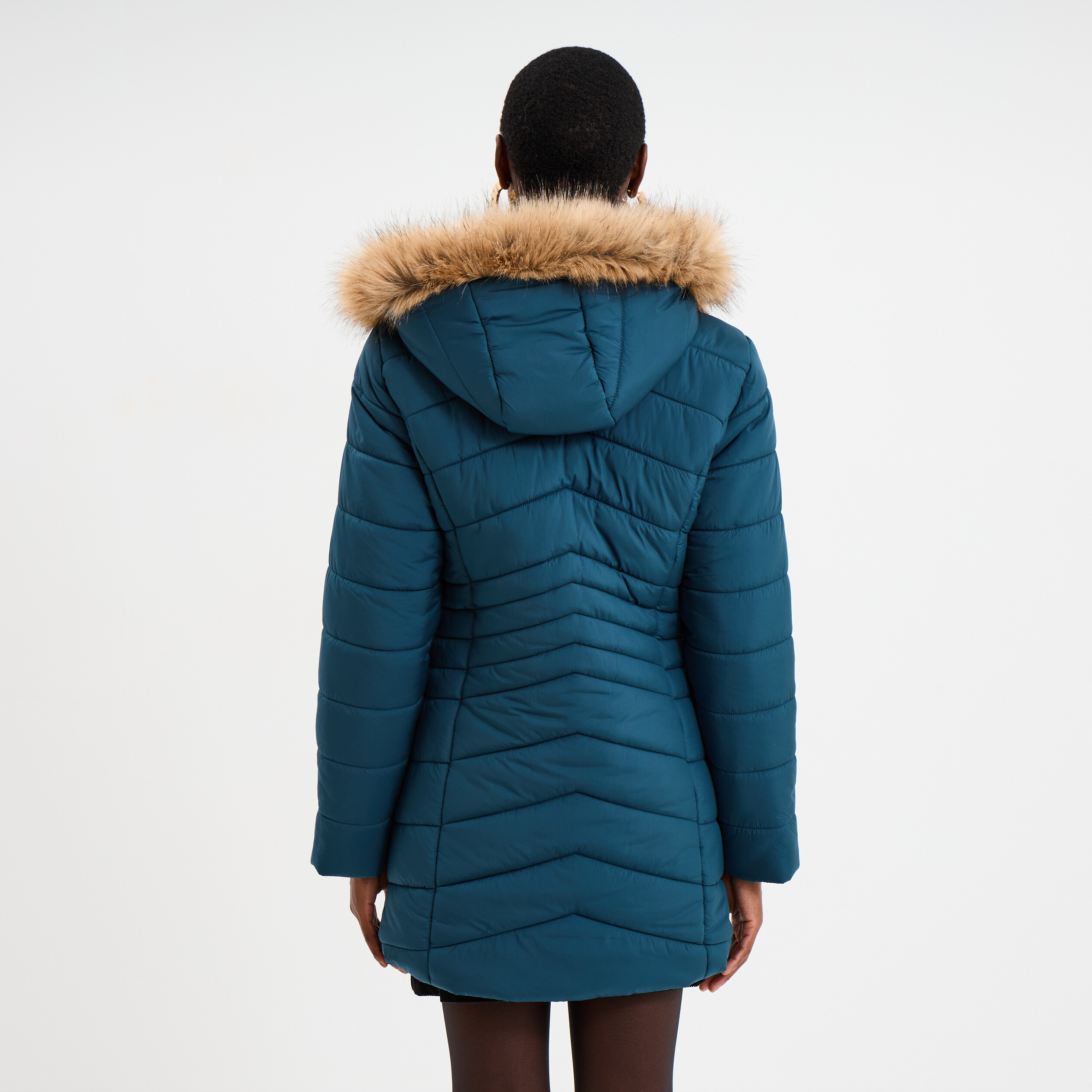 Doudoune mi-longue &agrave; capuche bleu canard femme