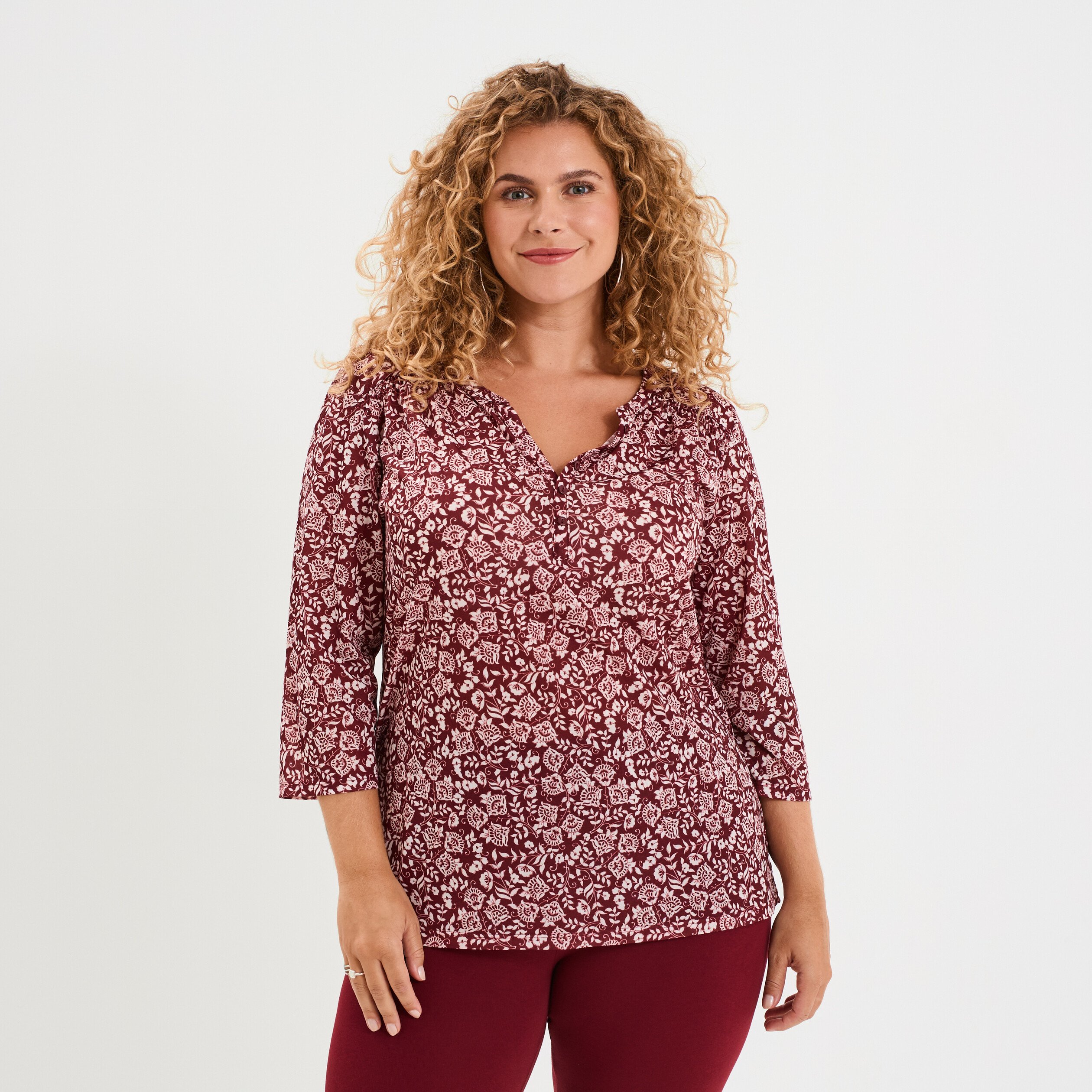 t shirt col tunisien manches 34 bordeaux femmegt T-shirt col tunisien manches 3/4 bordeaux femme grande taille