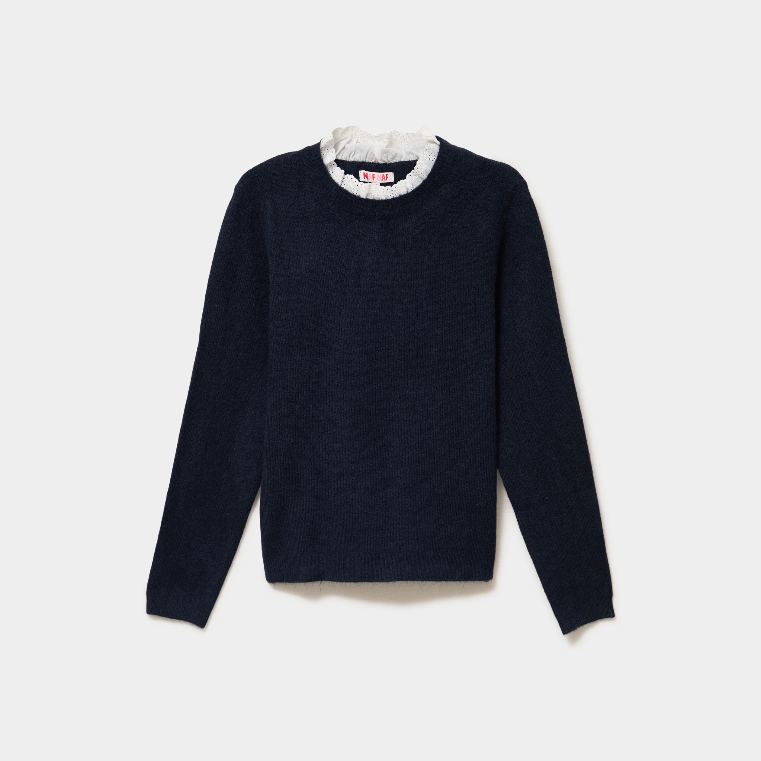Pull 2 en 1 col rond broderie anglaise bleu fonc&eacute; femme