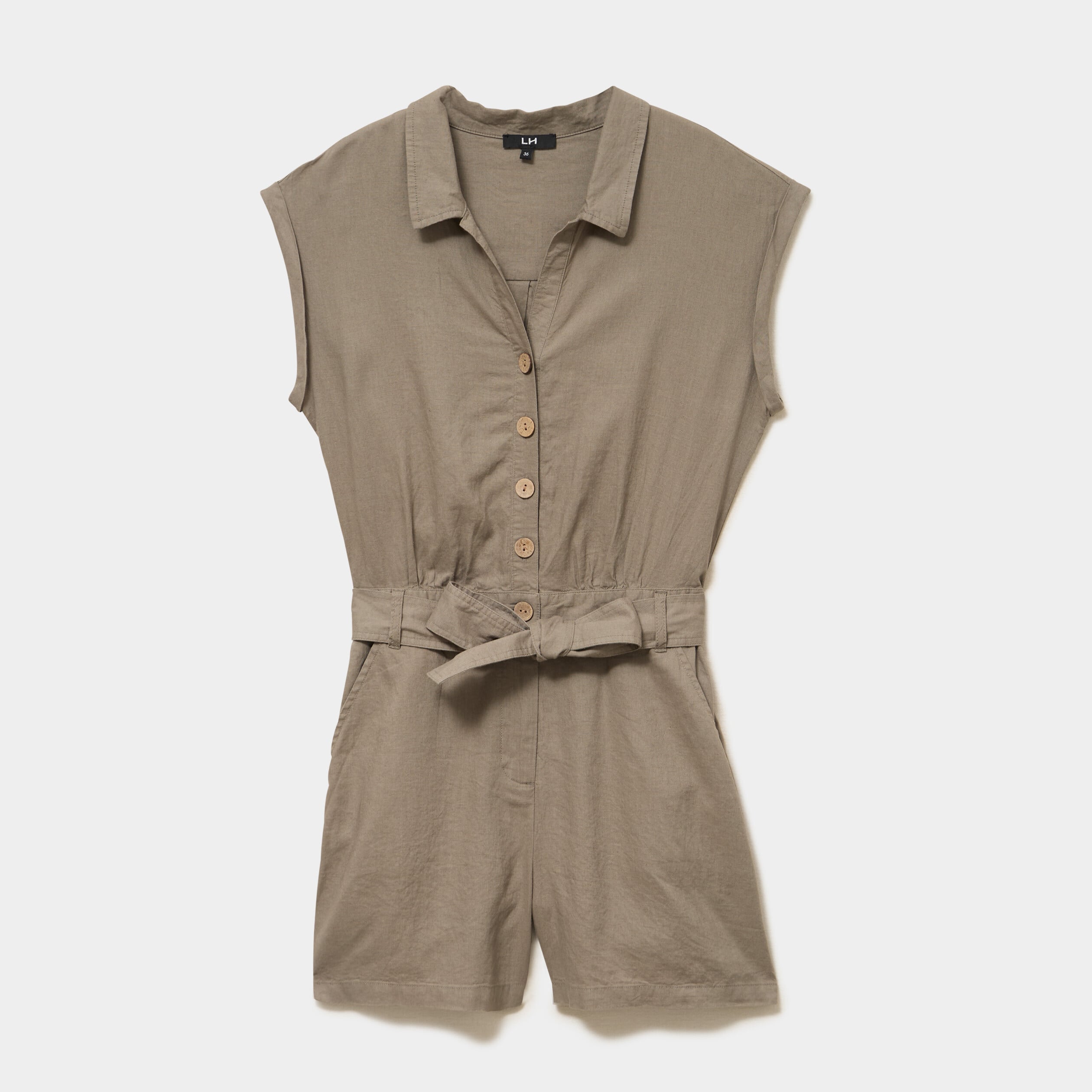 Combishort ceintur&eacute;e lin m&eacute;lang&eacute; vert kaki femme