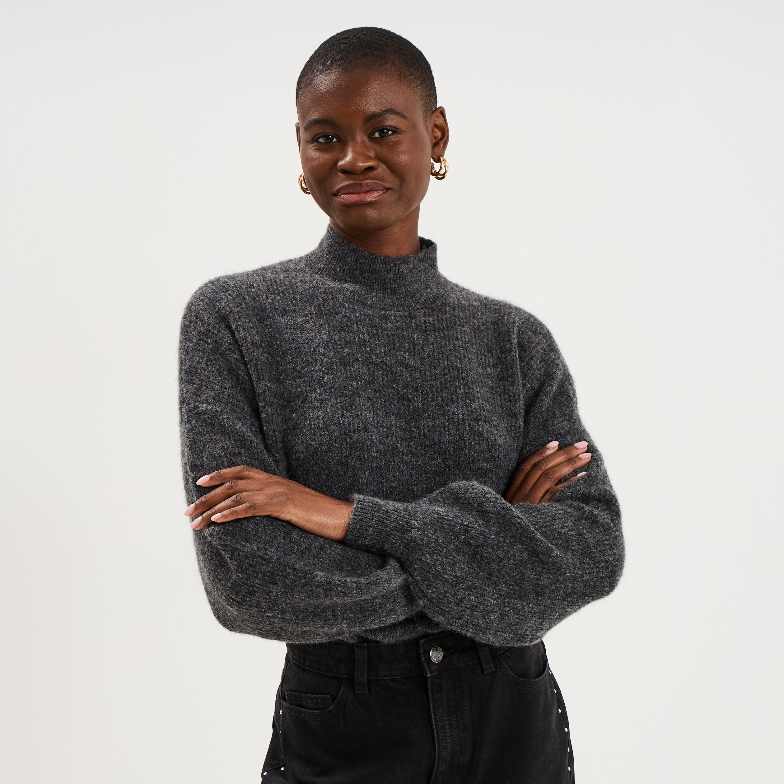 Pull col montant manches longues amples gris fonc&eacute; femme