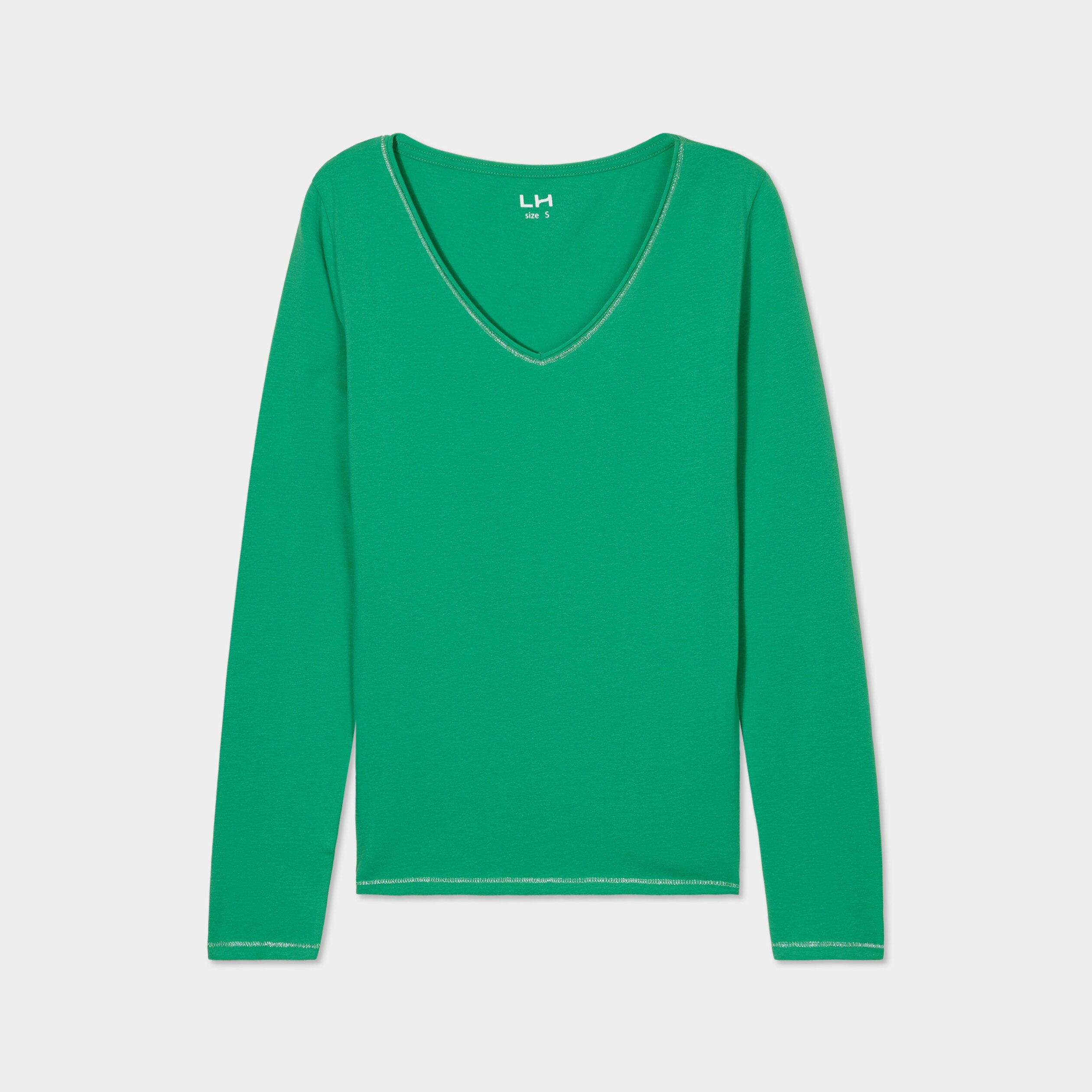 T-shirt manches longues col en V coton vert femme