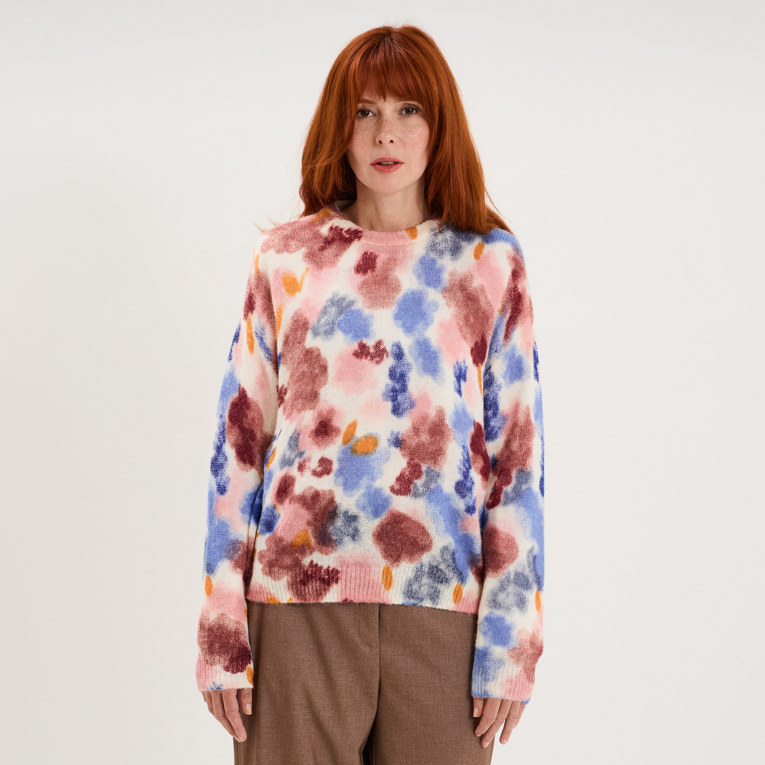 Pull col rond manches longues relax rose framboise femme