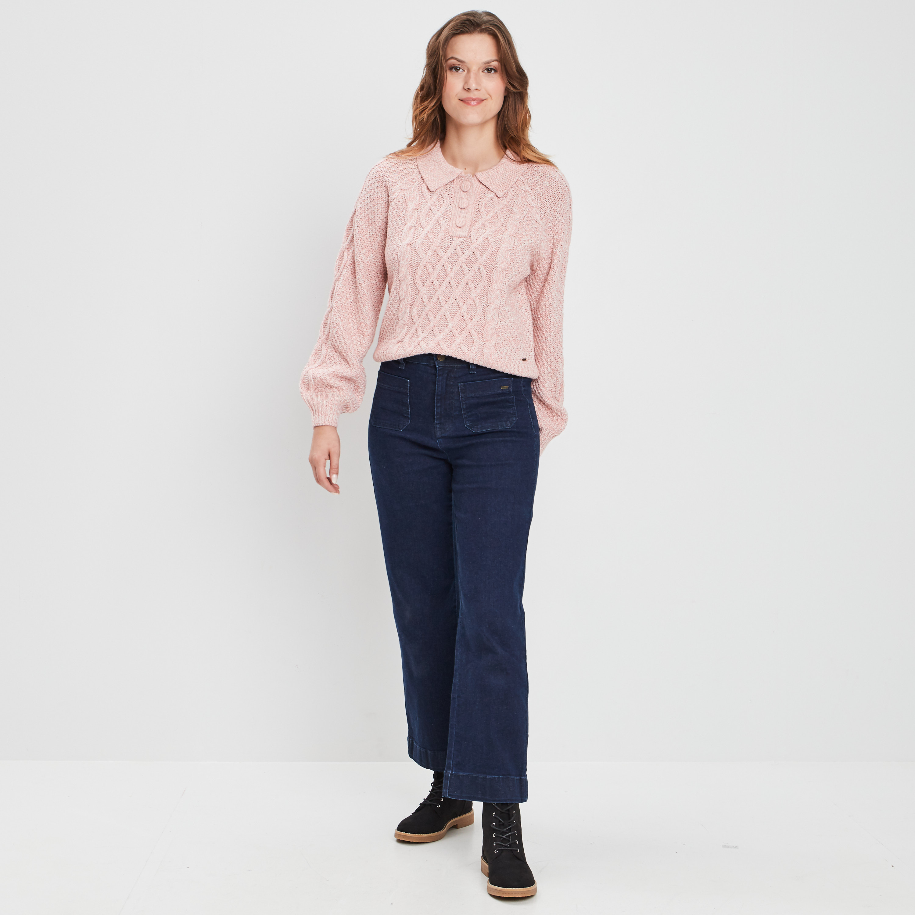 Pull à col polo boutonné rose femme