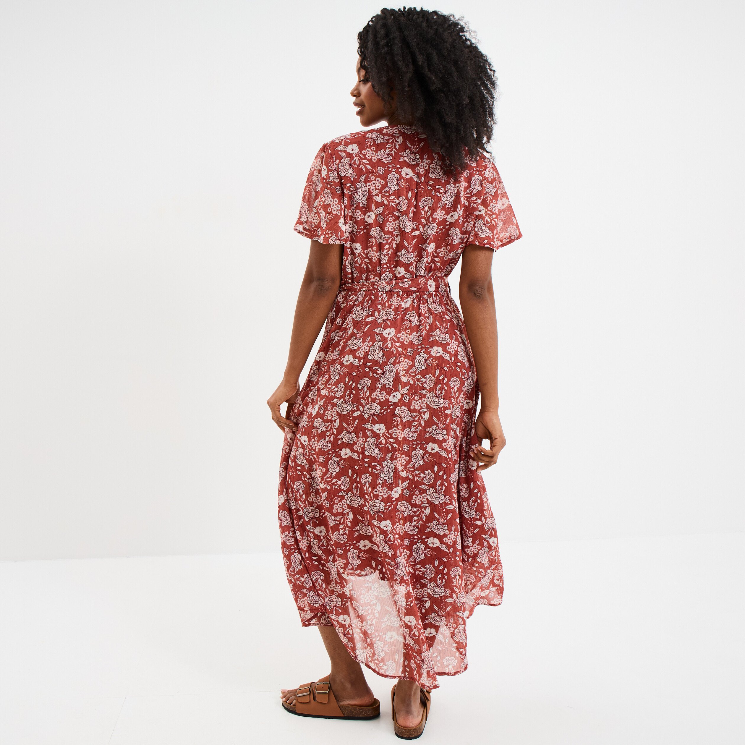 robe longue evasee col cache coeur terracotta femme Robe longue évasée col cache-coeur terracotta femme