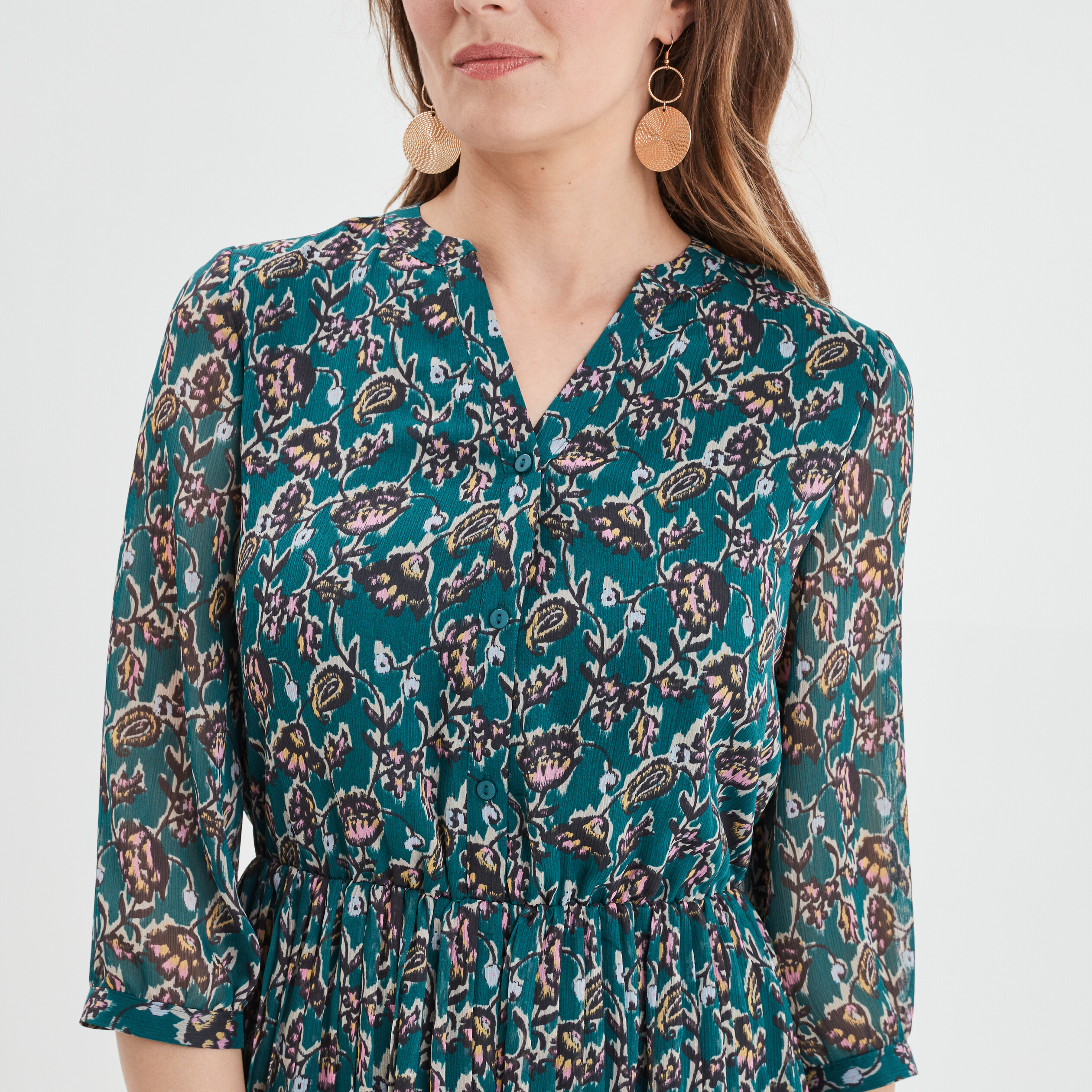 robe evasee bas plisse manches 34 vert fonce femme Robe évasée bas plissé manches 3/4 vert foncé femme