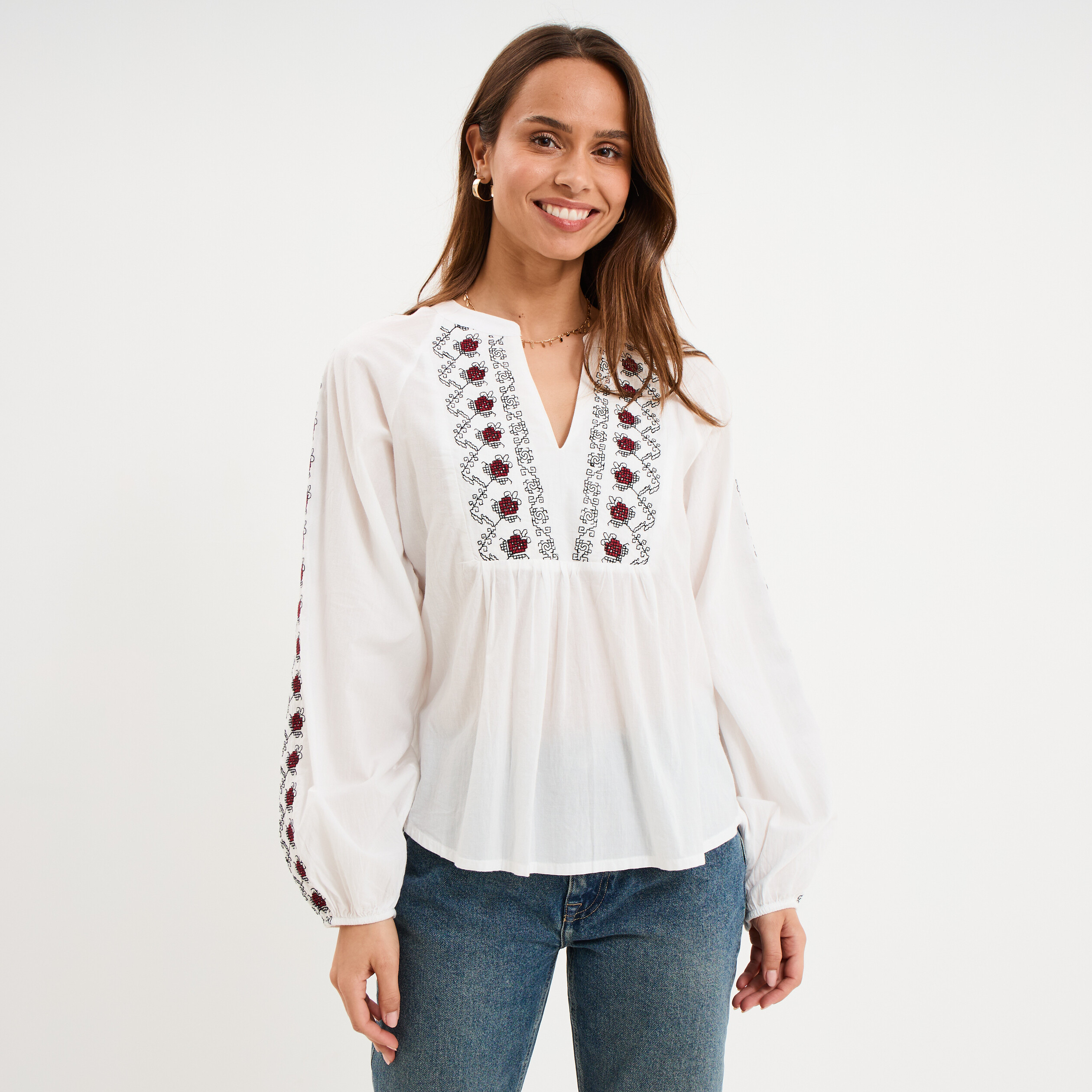 Blouse brod&eacute;e oversize coton blanc femme