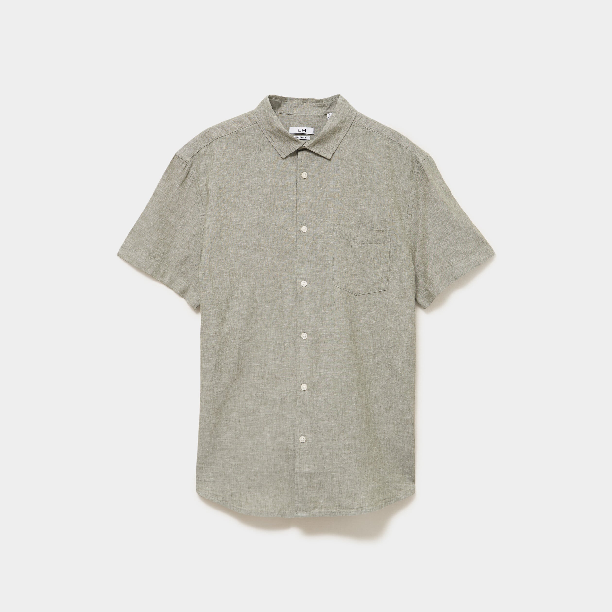 Chemise manches courtes lin m&eacute;lang&eacute; vert kaki homme