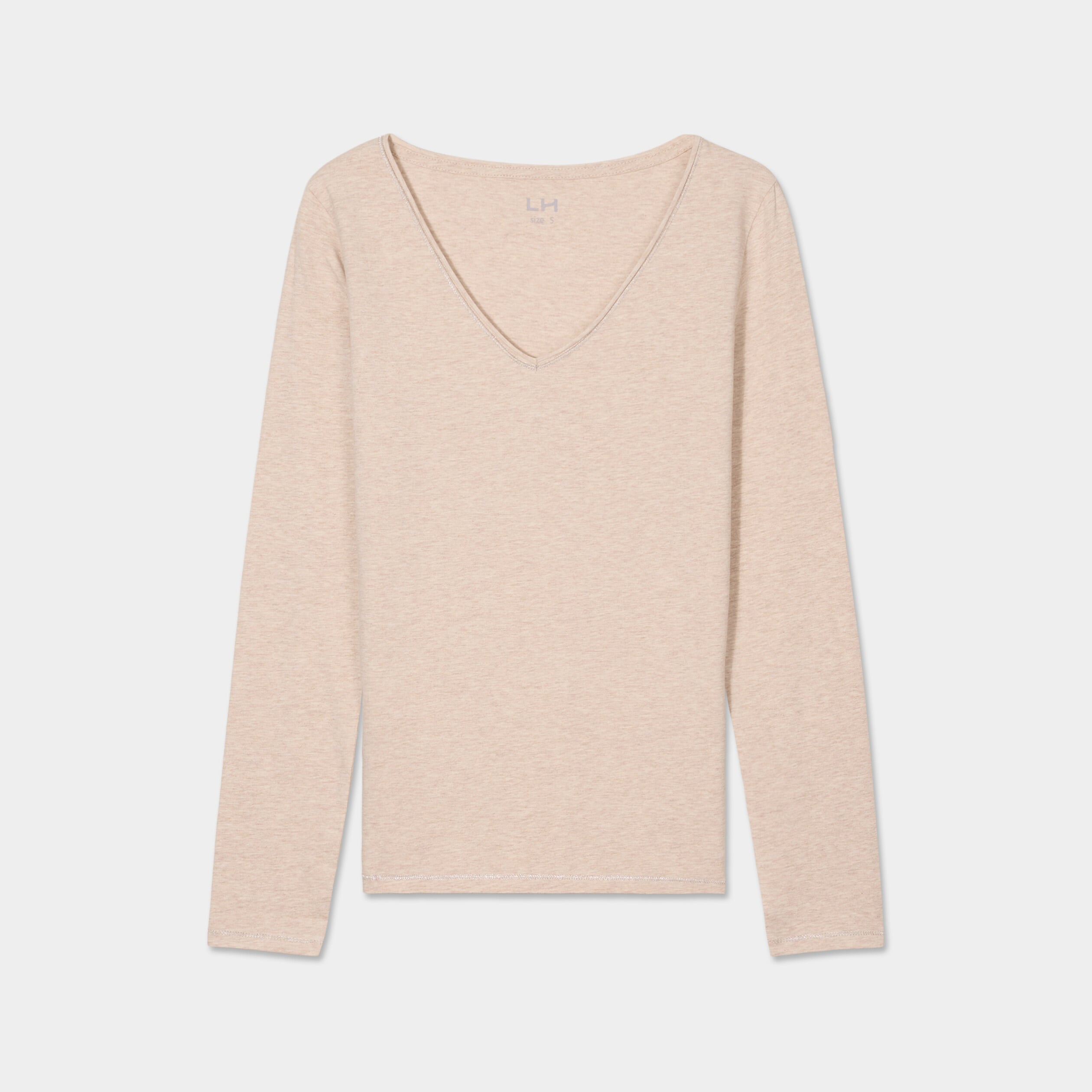 T-shirt manches longues col en V coton beige femme