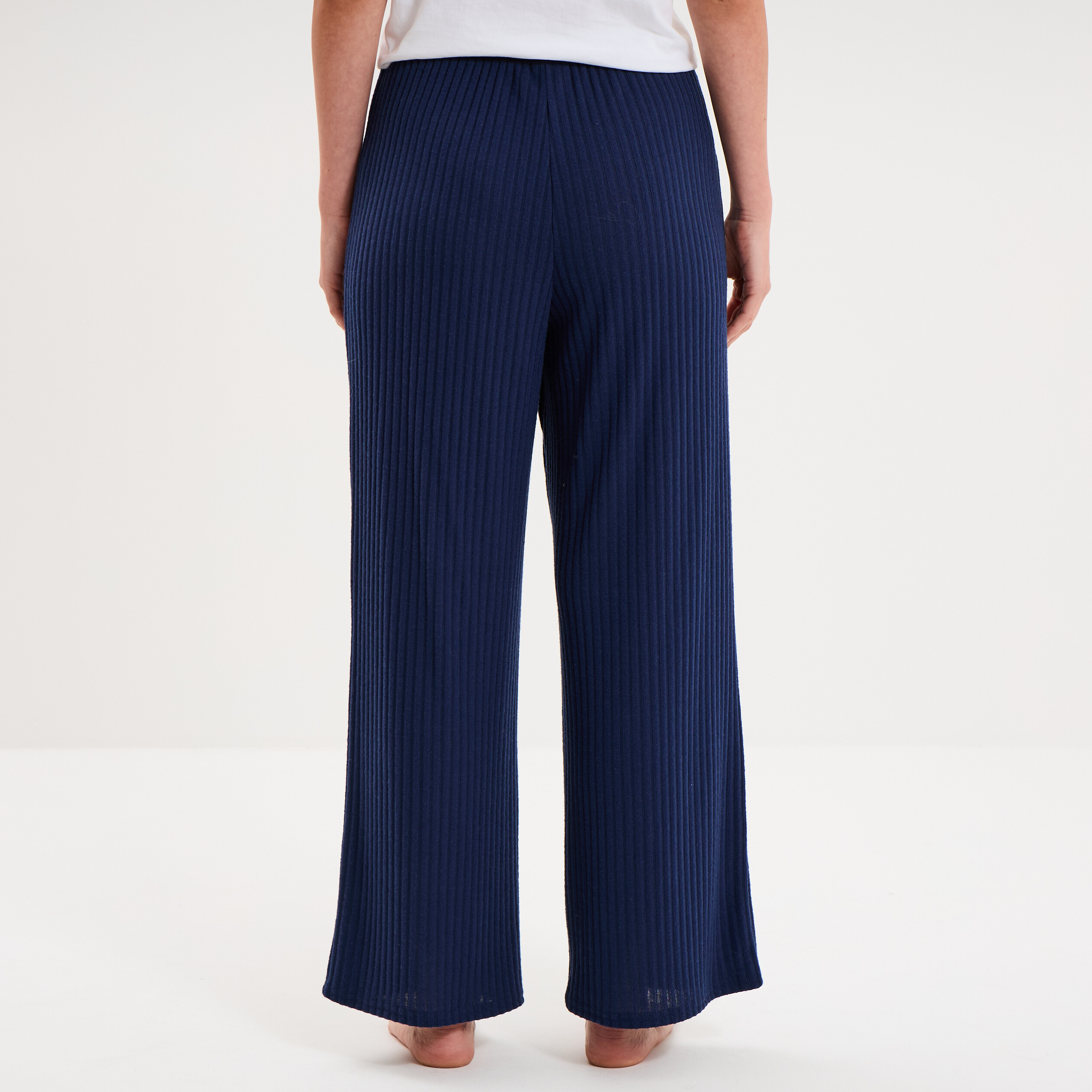 Pantalon de pyjama droit c&ocirc;tel&eacute; bleu marine femme