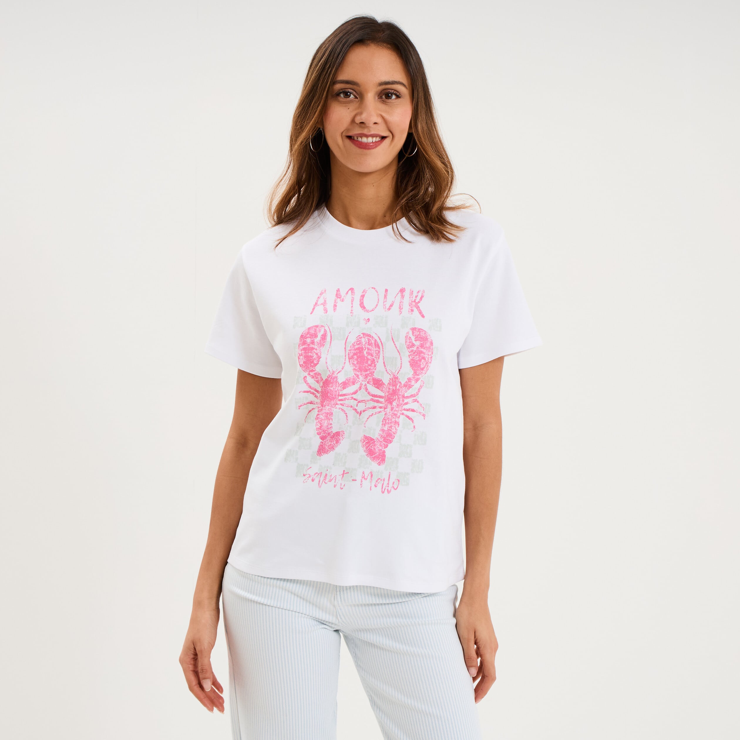 T-shirt col rond manches courtes coton blanc femme