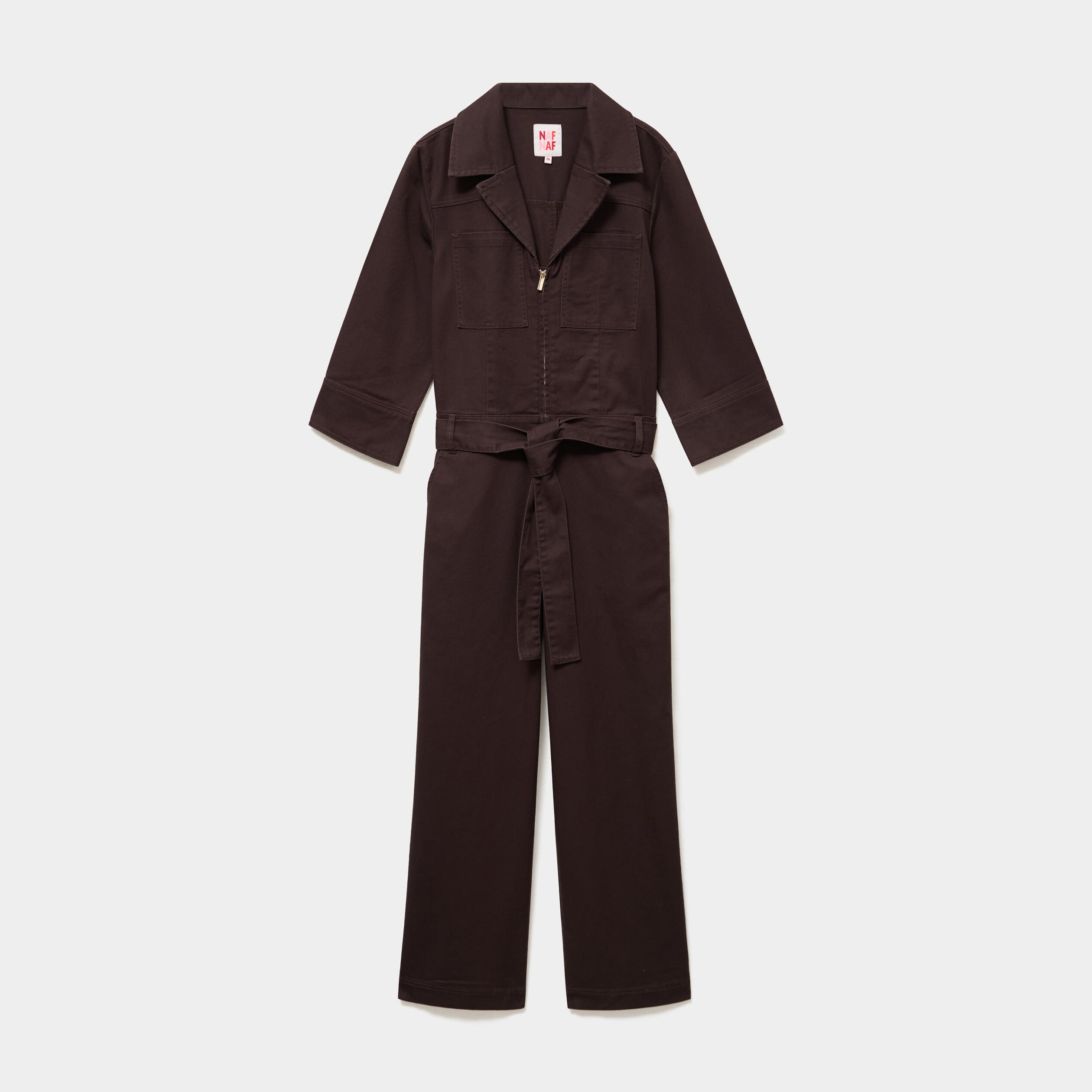 Combinaison pantalon zipp&eacute;e jambe large marron fonc&eacute; femme