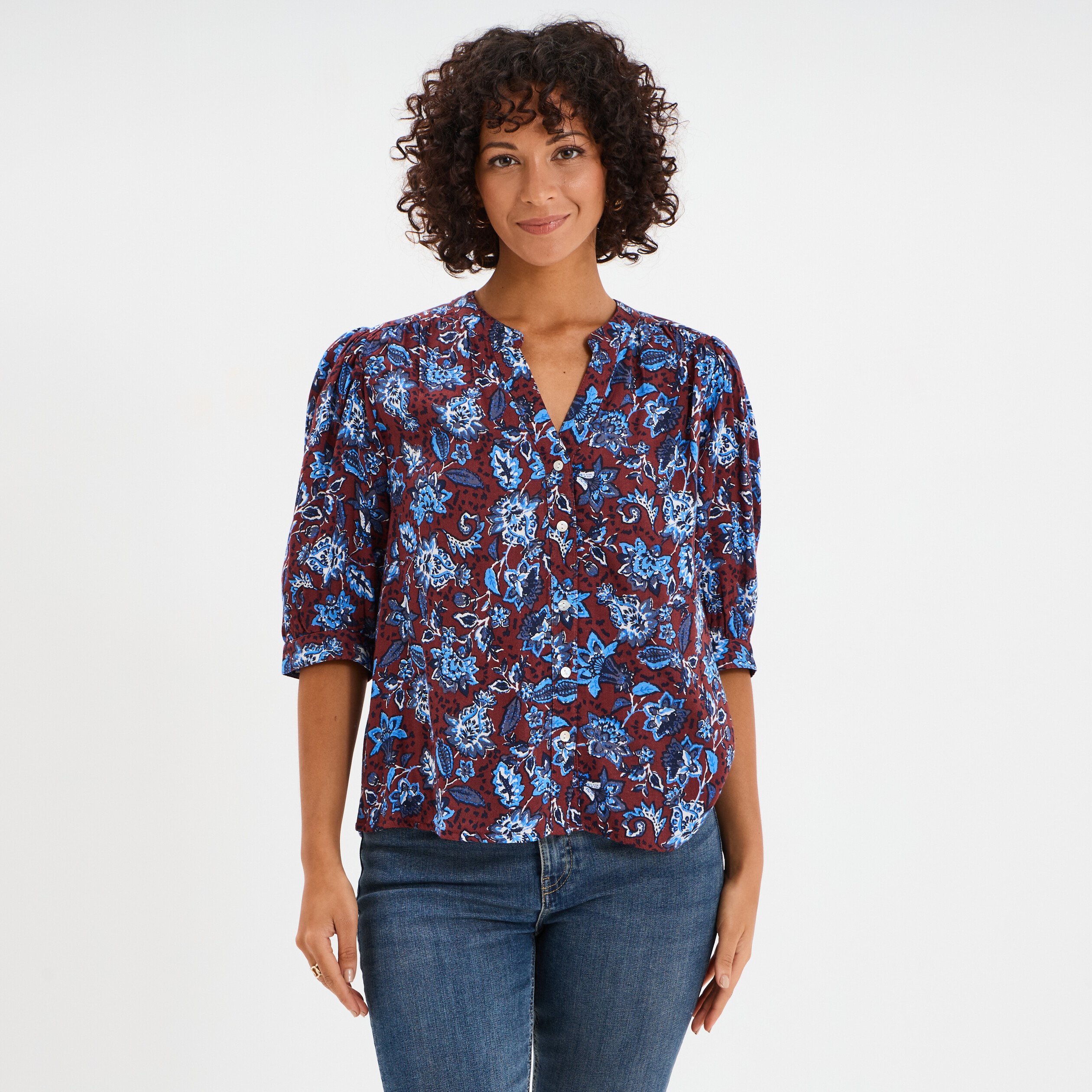 blouse col tunisien manches 34 coton marron femme Blouse col tunisien manches 3/4 coton marron femme