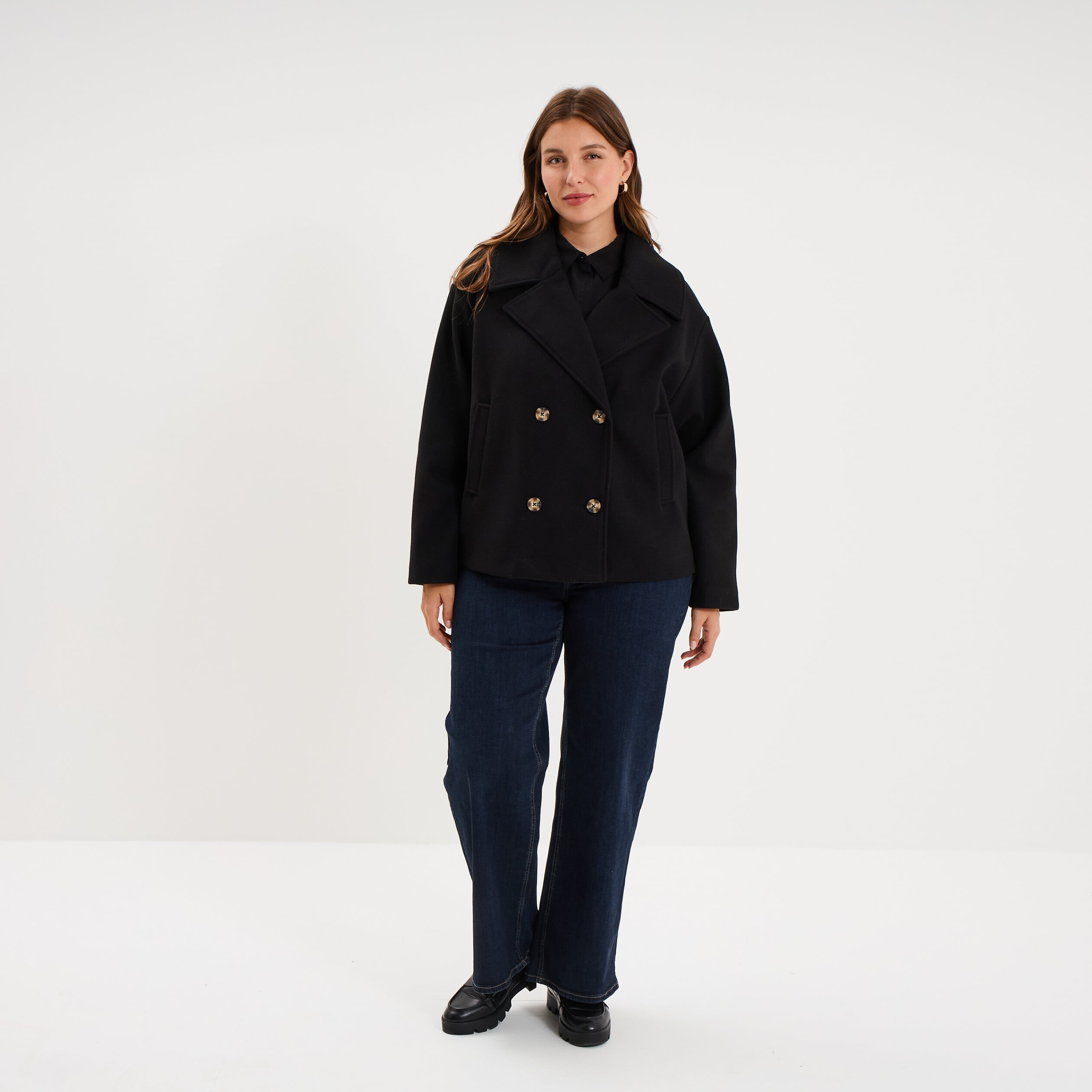 Manteau court double boutonnage noir femme grande taille