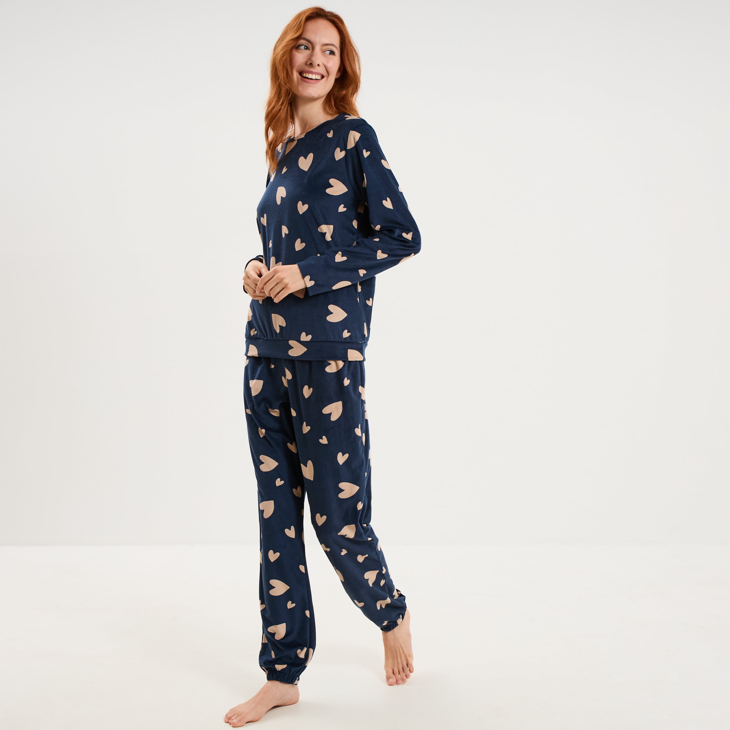 Ensemble pyjama t-shirt pantalon velours bleu gris femme