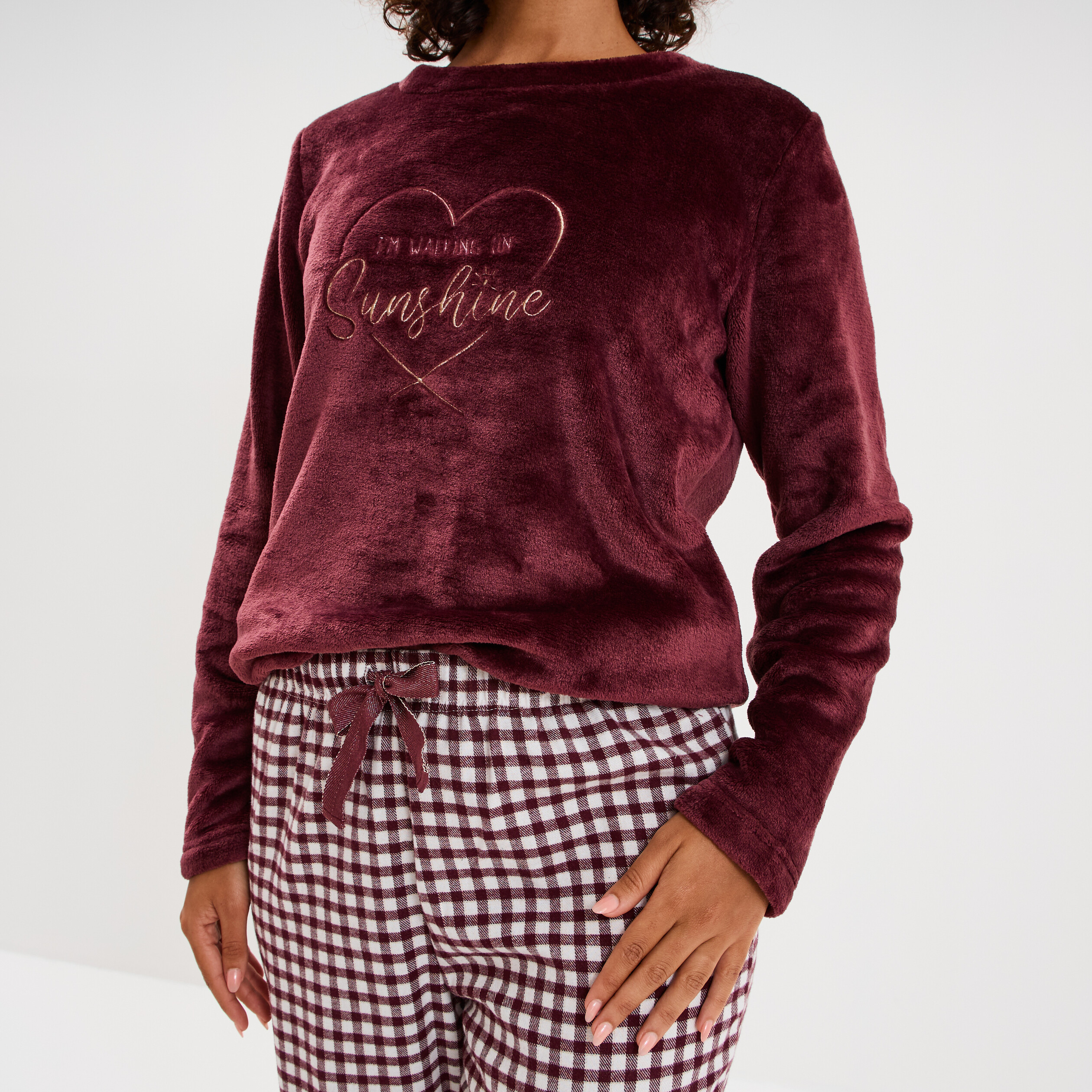 Ensemble pyjama effet polaire 3 pi&egrave;ces bordeaux femme