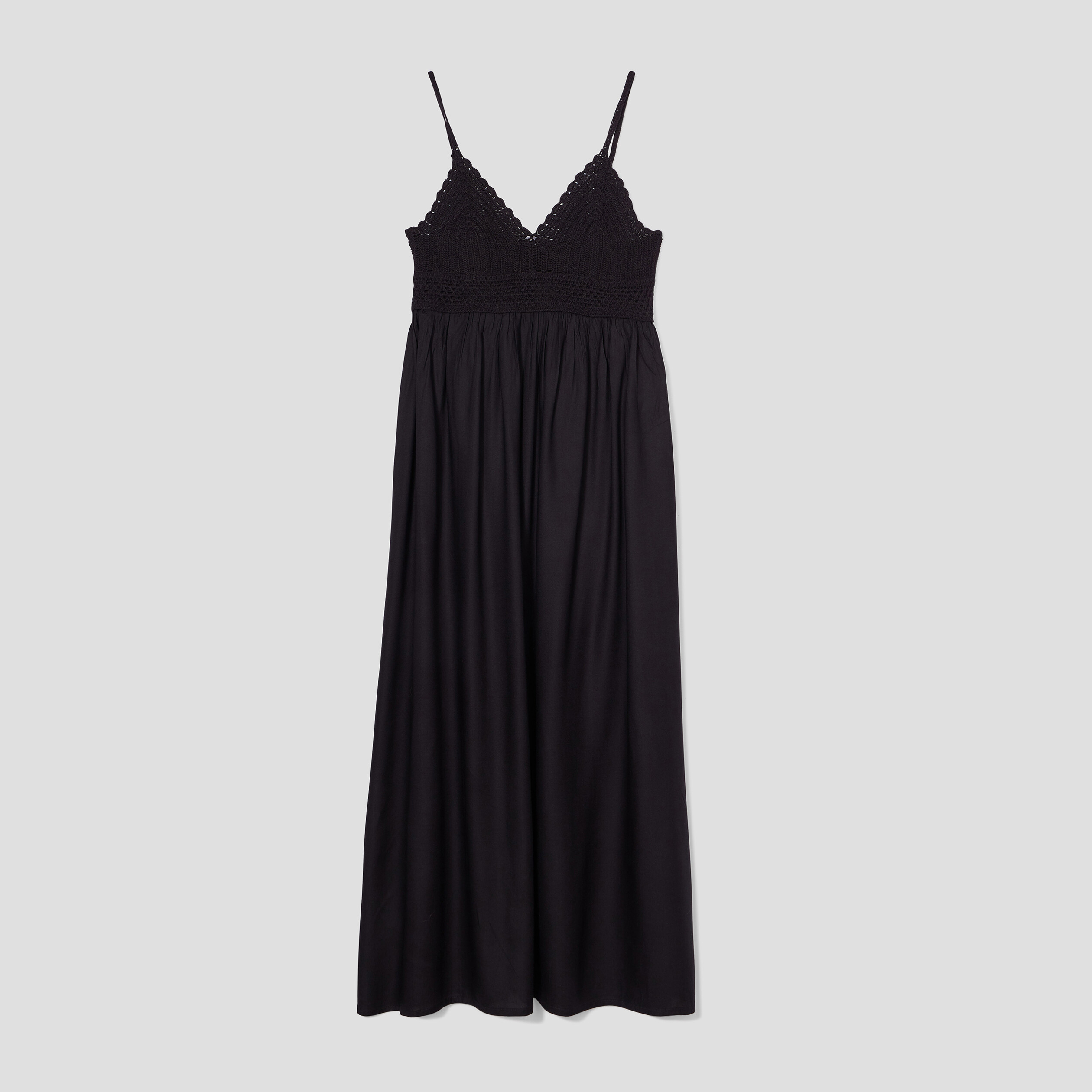robe longue evasee buste macrame noir femme Robe longue évasée buste macramé noir femme