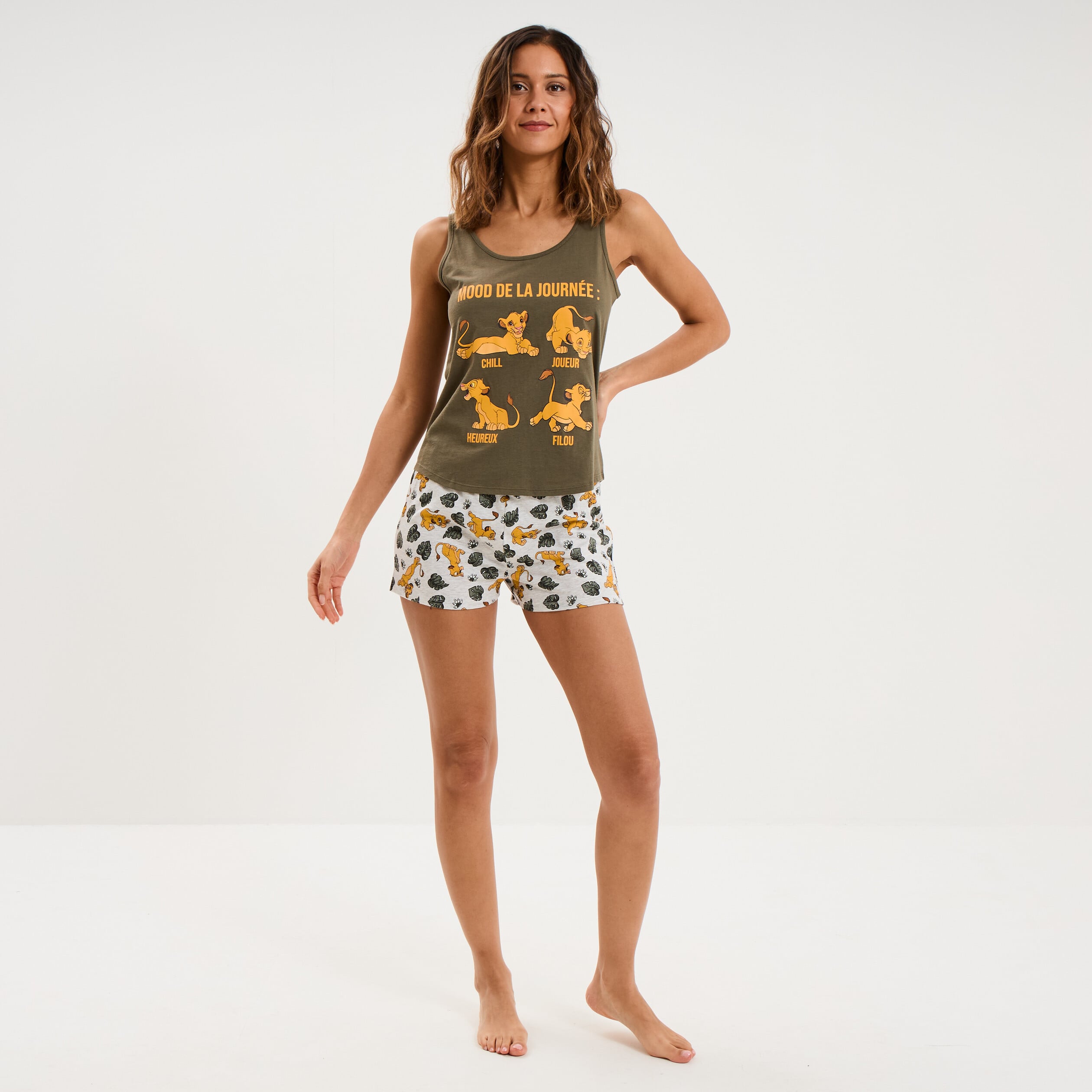 Ensemble pyjama short coton Le Roi lion vert kaki femme