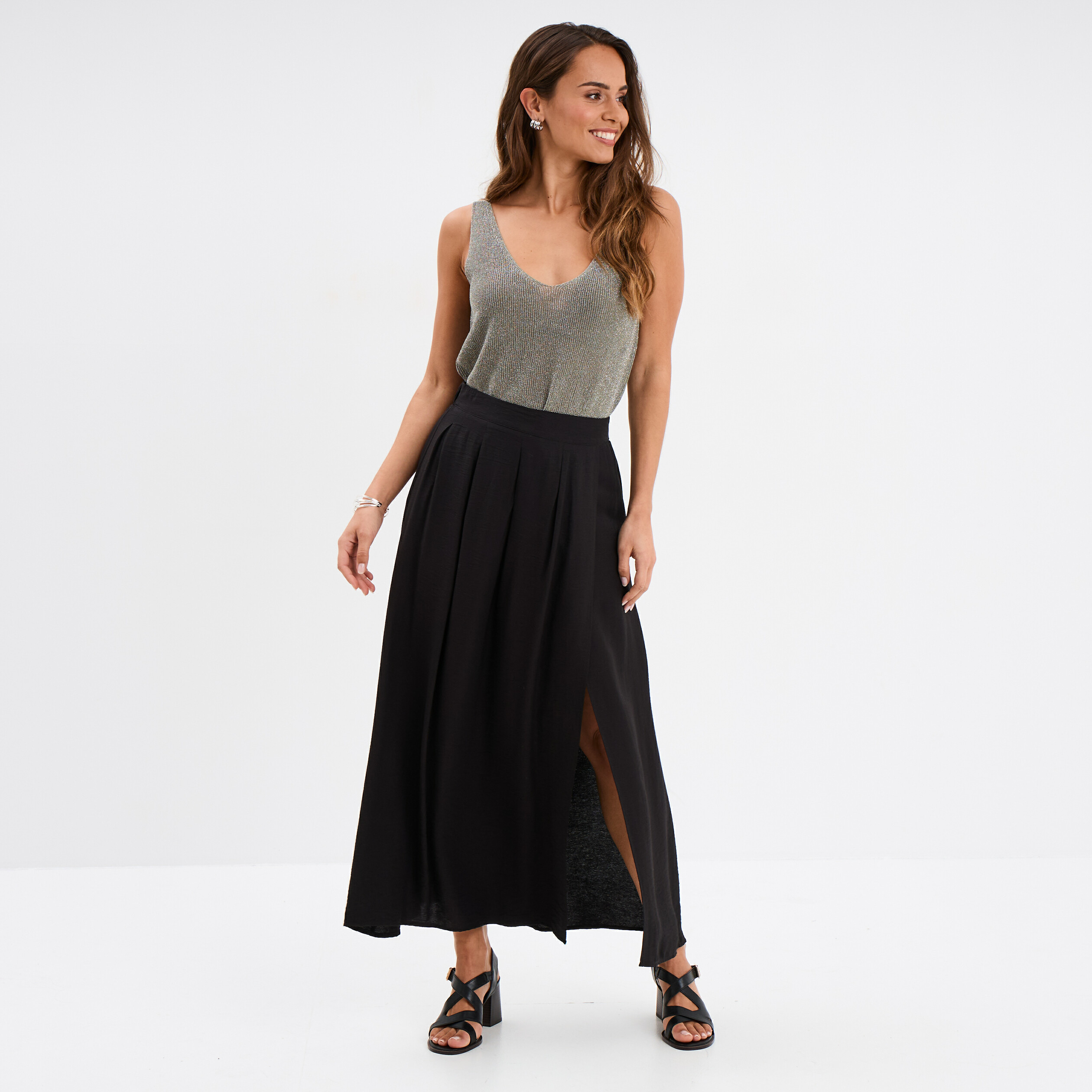 jupe longue fendue evasee plis creux noir femme Jupe longue fendue évasée plis creux noir femme