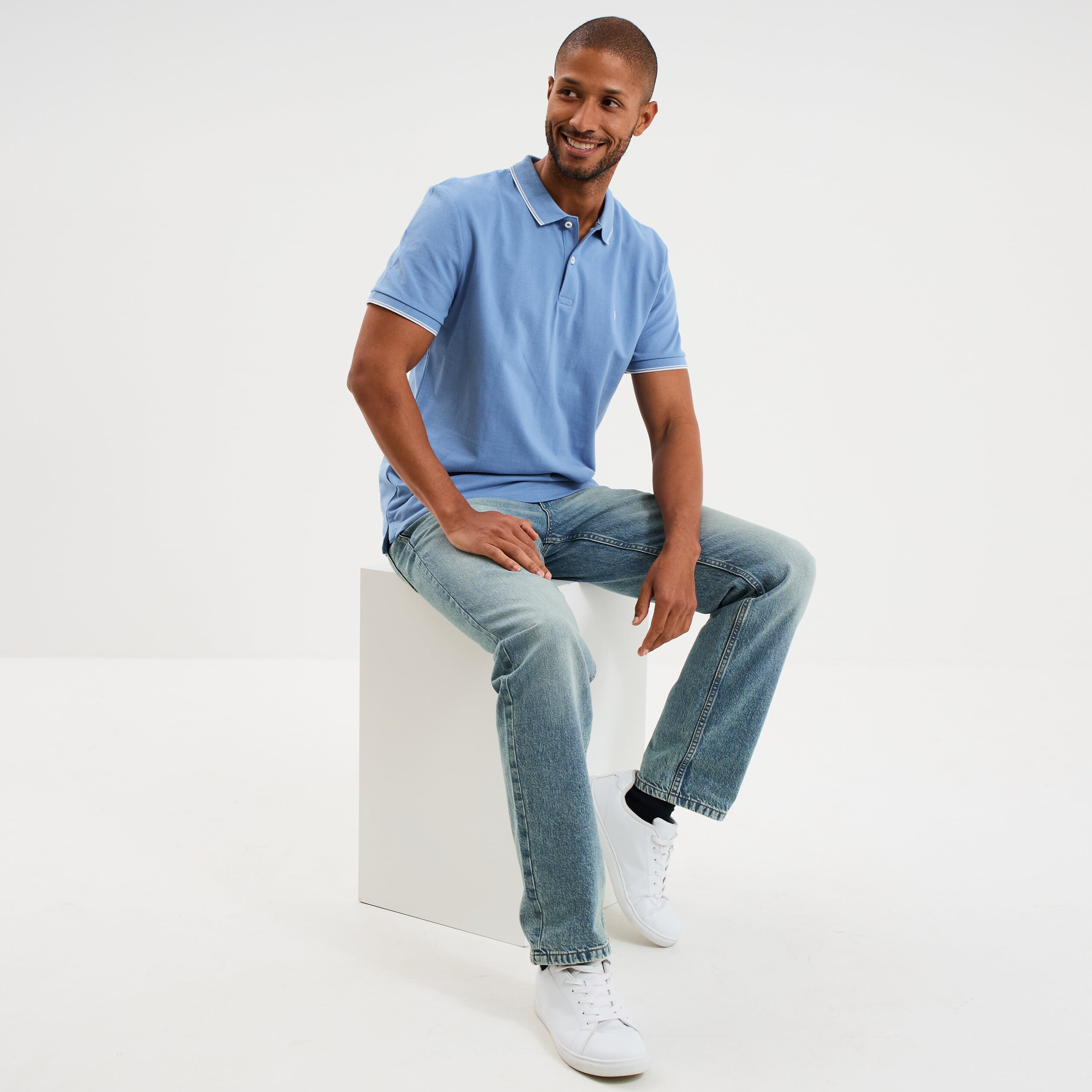 Polo piqu&eacute; coton manches courtes bleu homme