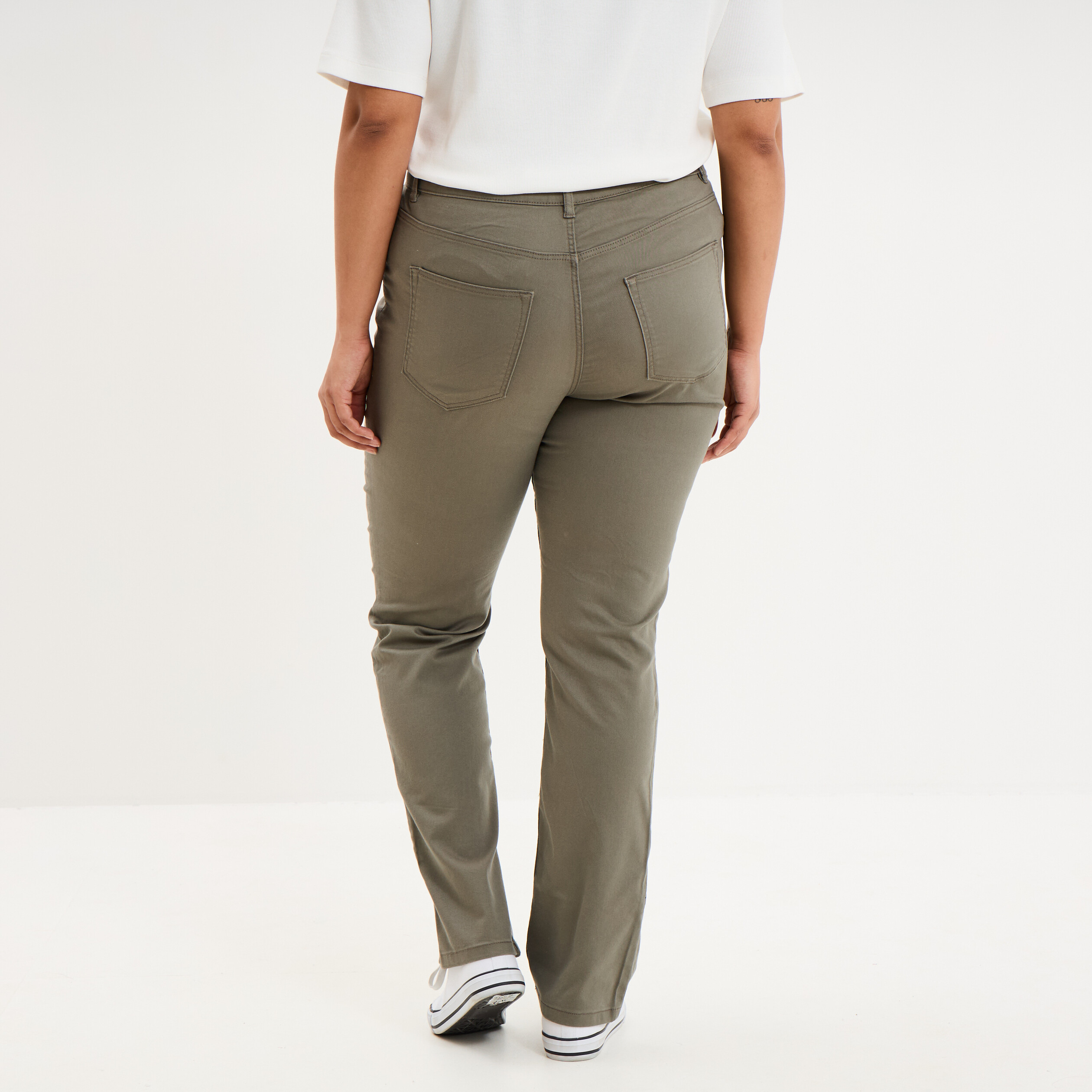 Pantalon droit taille haute extensible vert kaki femme grande taille