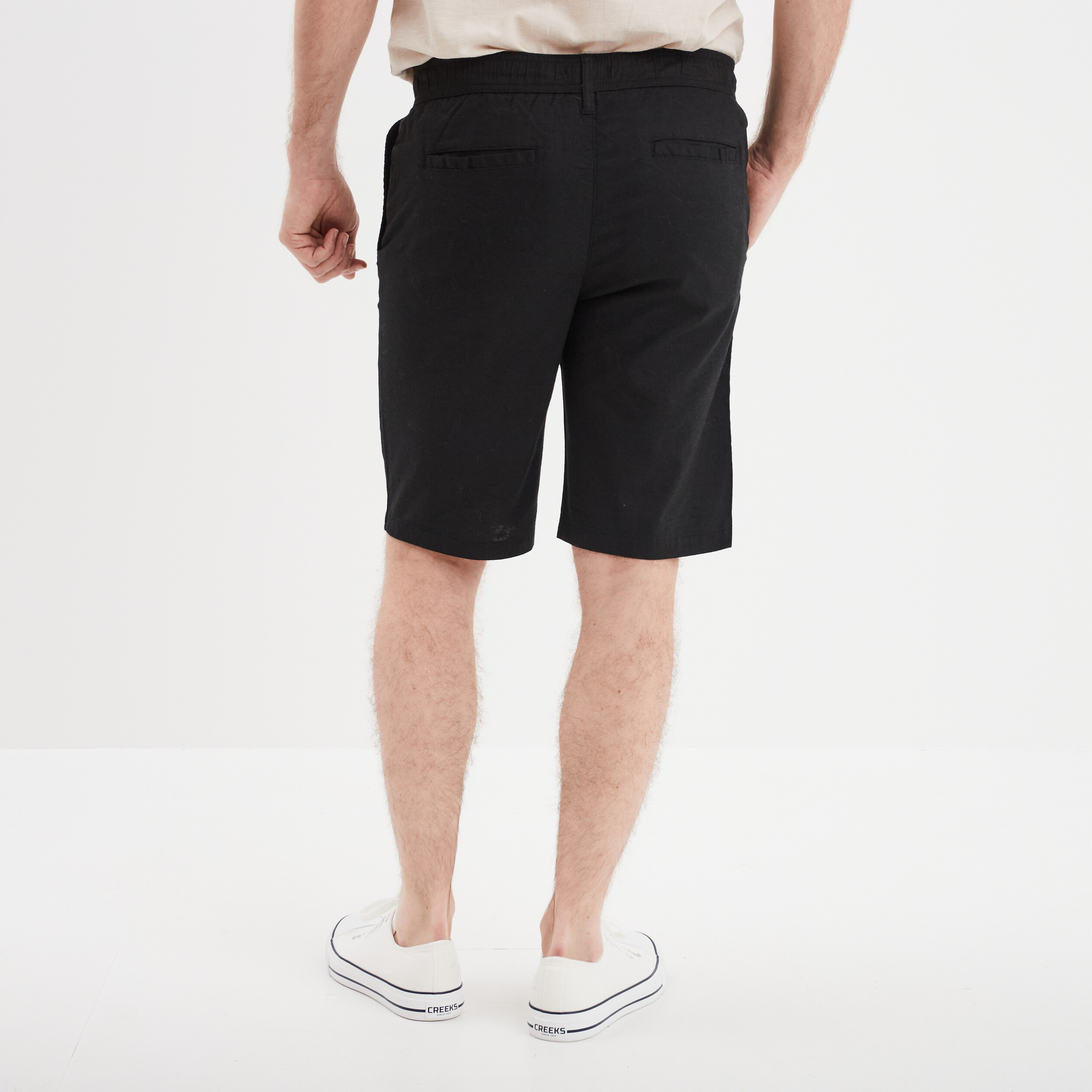 bermuda chino a coulisse lin melange noir homme Bermuda chino à coulisse lin mélangé noir homme