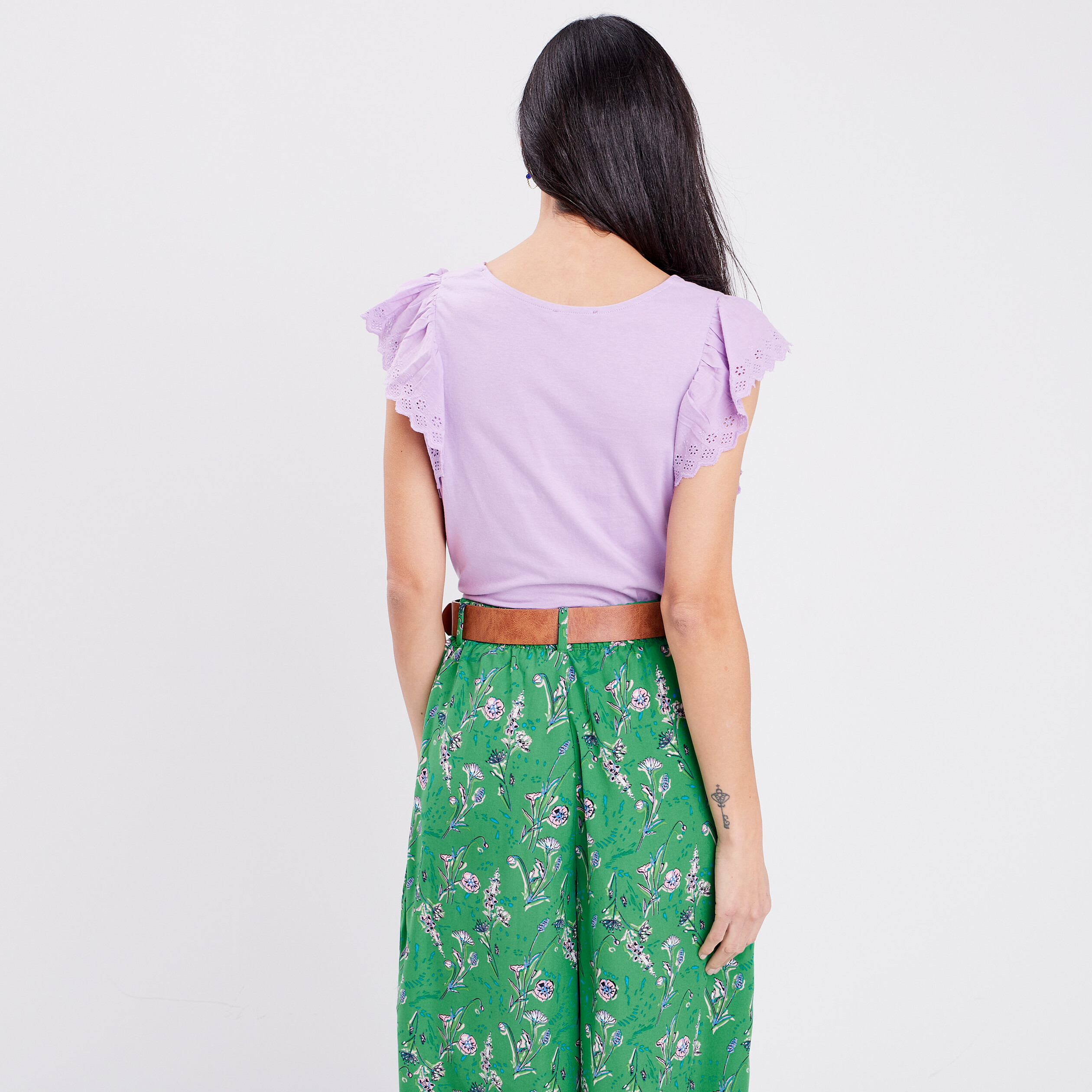 t shirt manches courtes volantees violet clair femme T-shirt manches courtes volantées violet clair femme