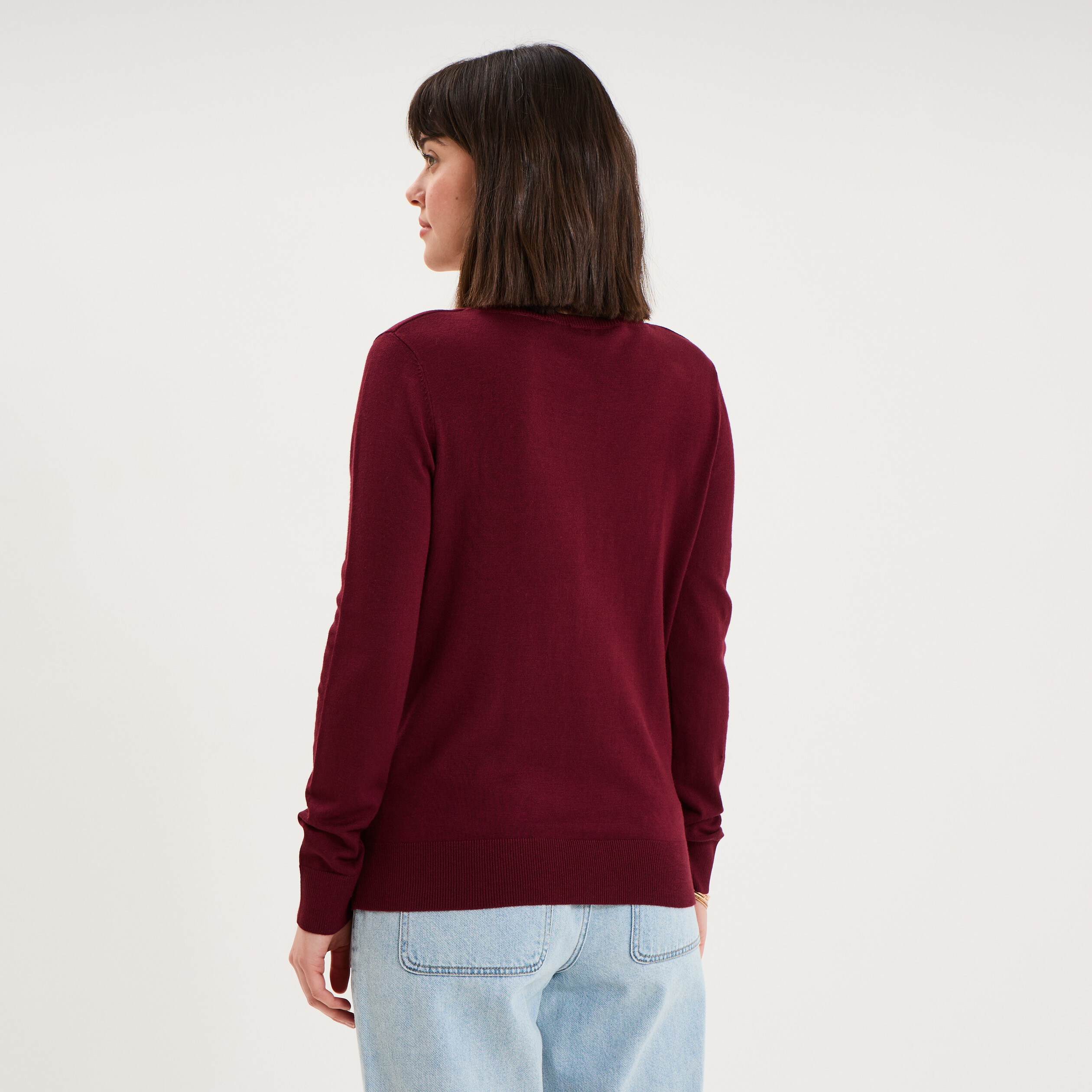 Pull col en V manches longues bordeaux femme