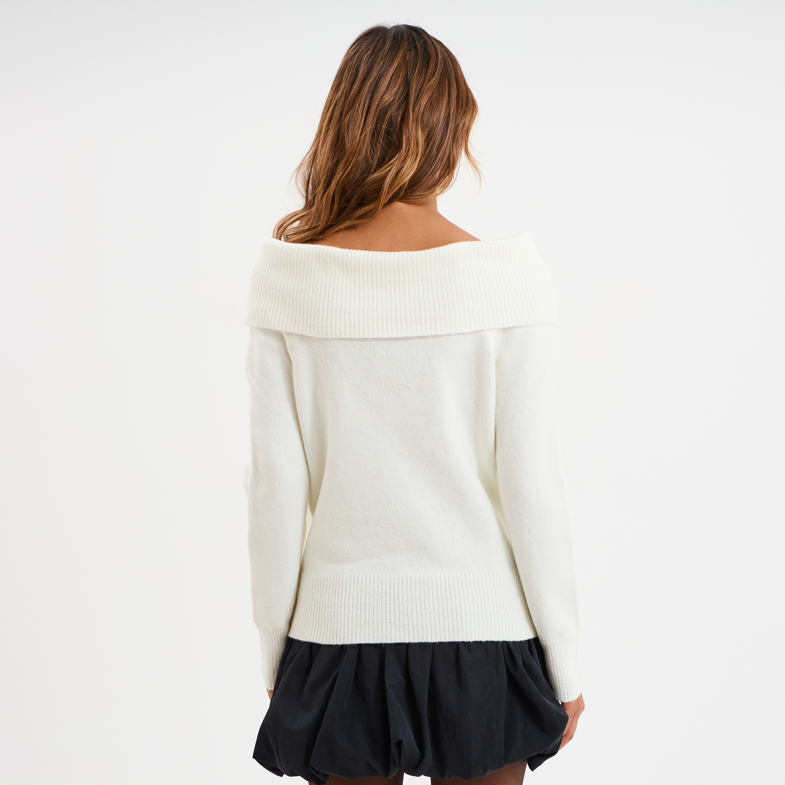pull col bardot cintree manches longues blanc femme Pull col bardot cintrée manches longues blanc femme