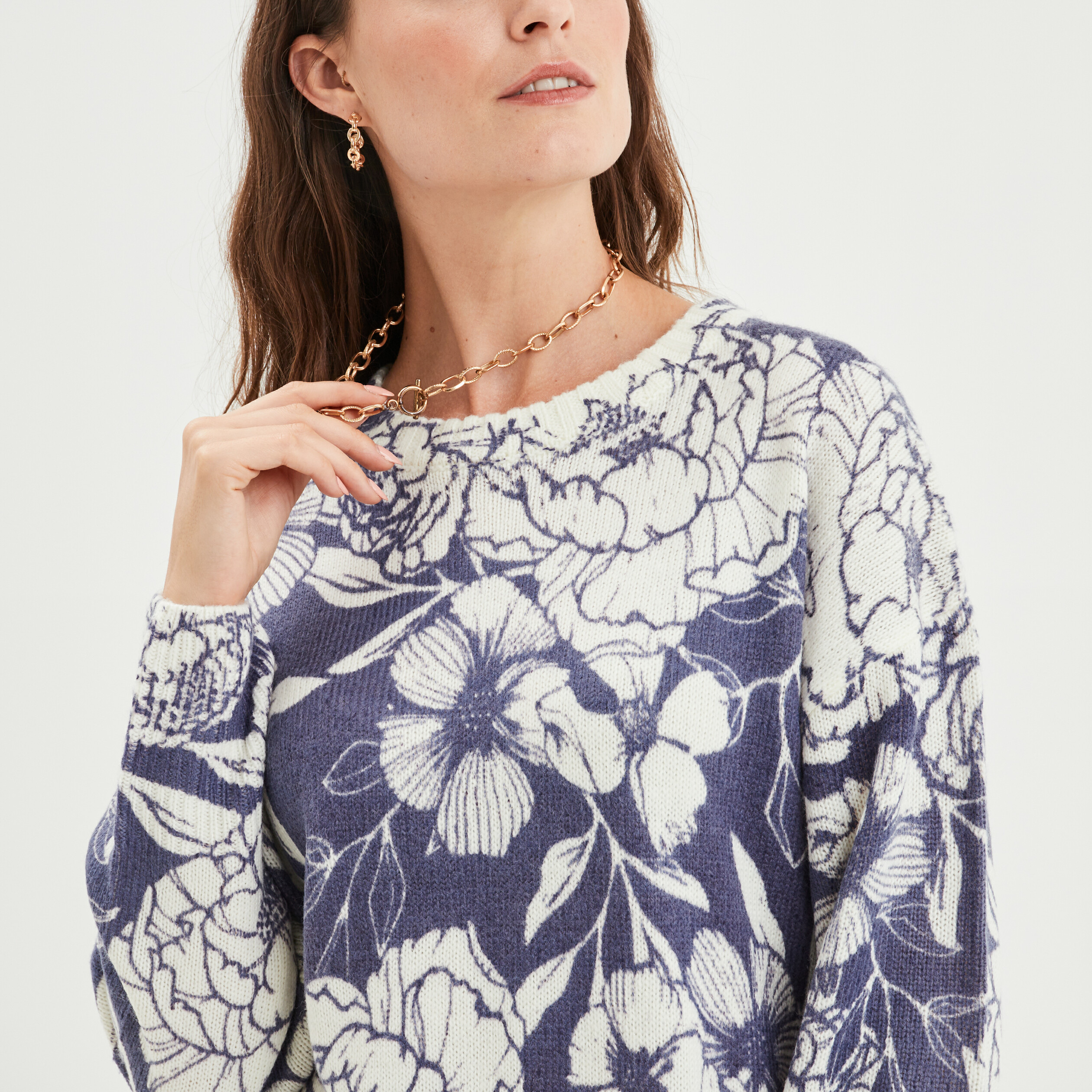 Pull col rond manches longues bleu femme