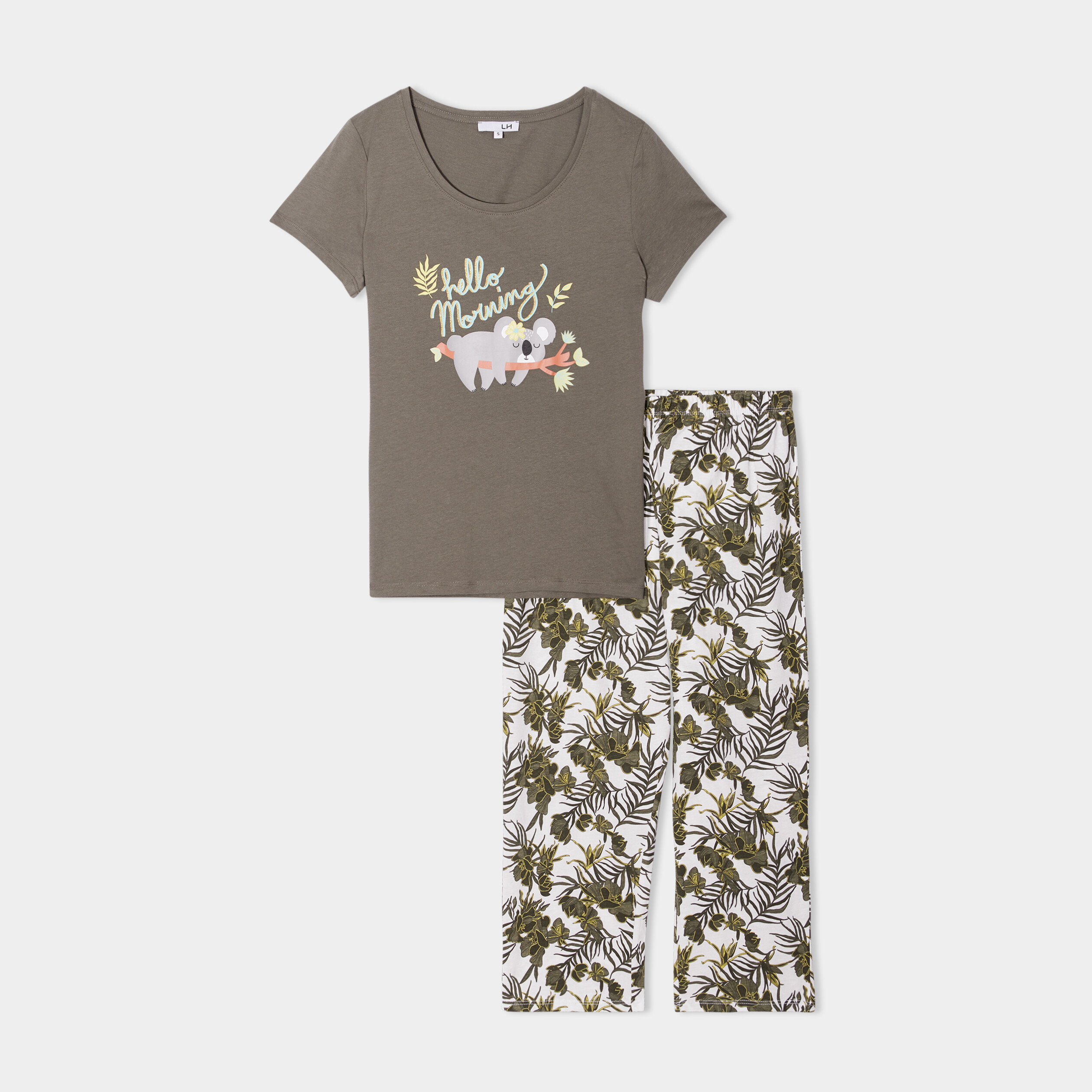 Ensemble pyjama corsaire 2 pi&egrave;ces coton vert kaki femme