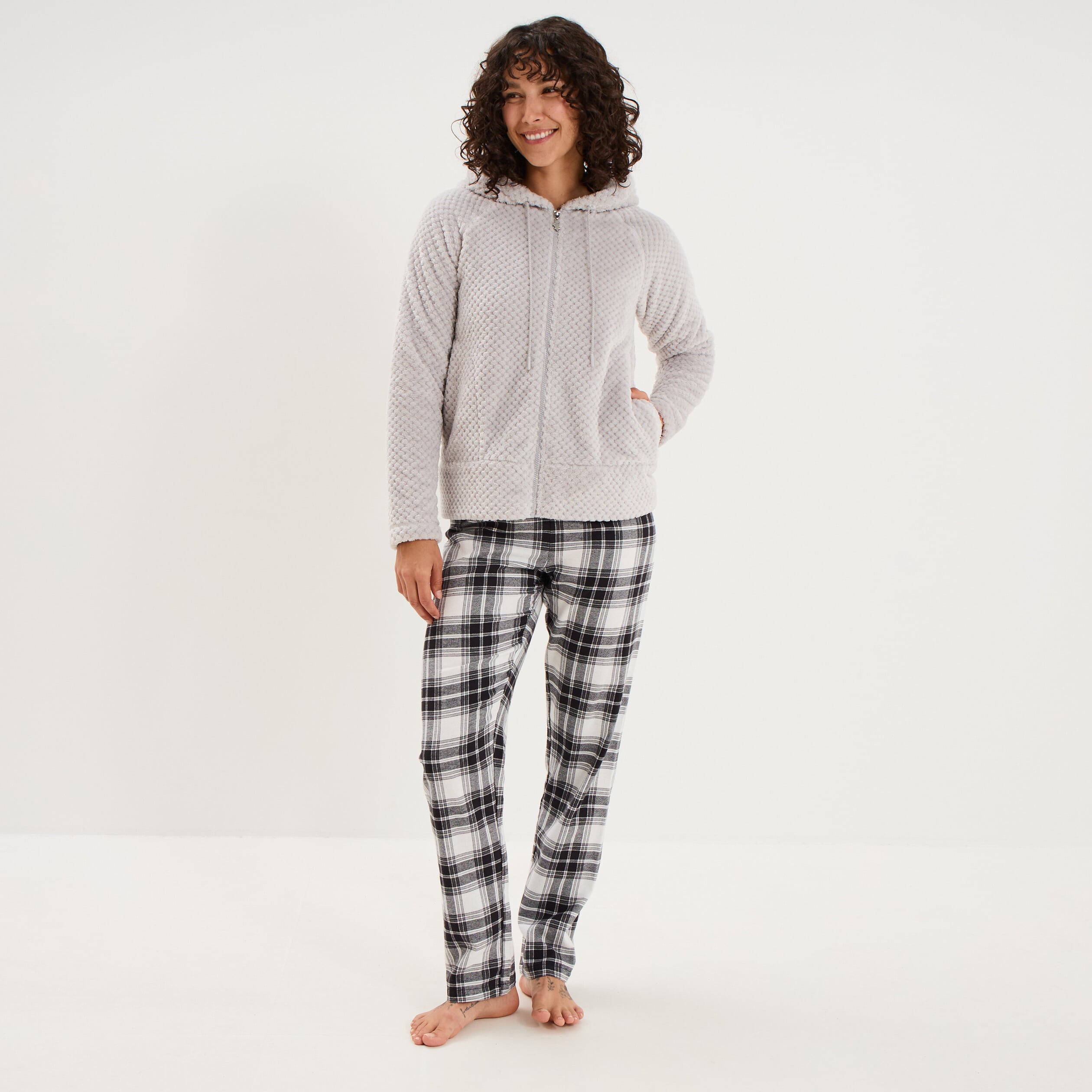 Veste de pyjama effet polaire gris clair femme