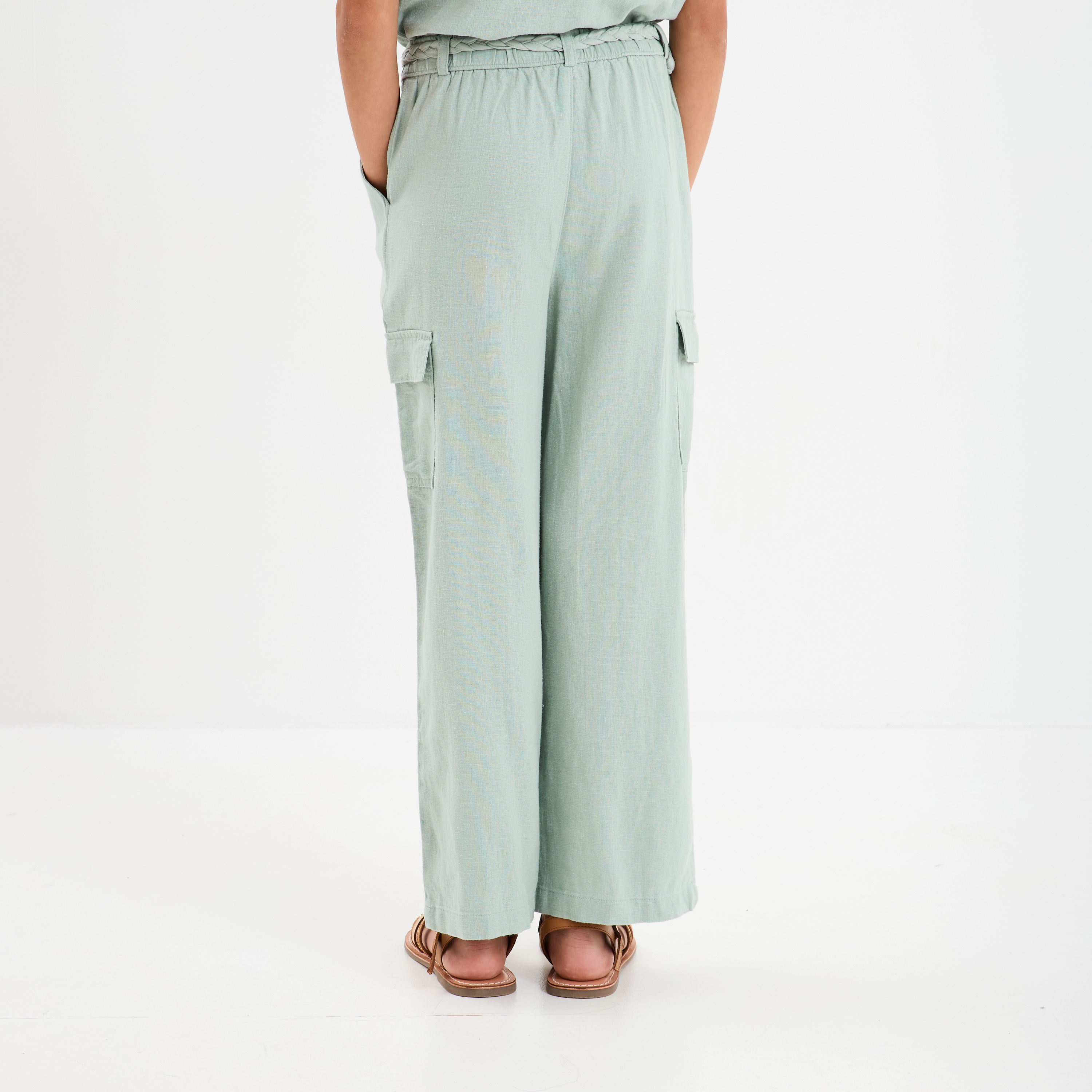 Pantalon large lin m&eacute;lang&eacute; ceintur&eacute; vert pastel fille