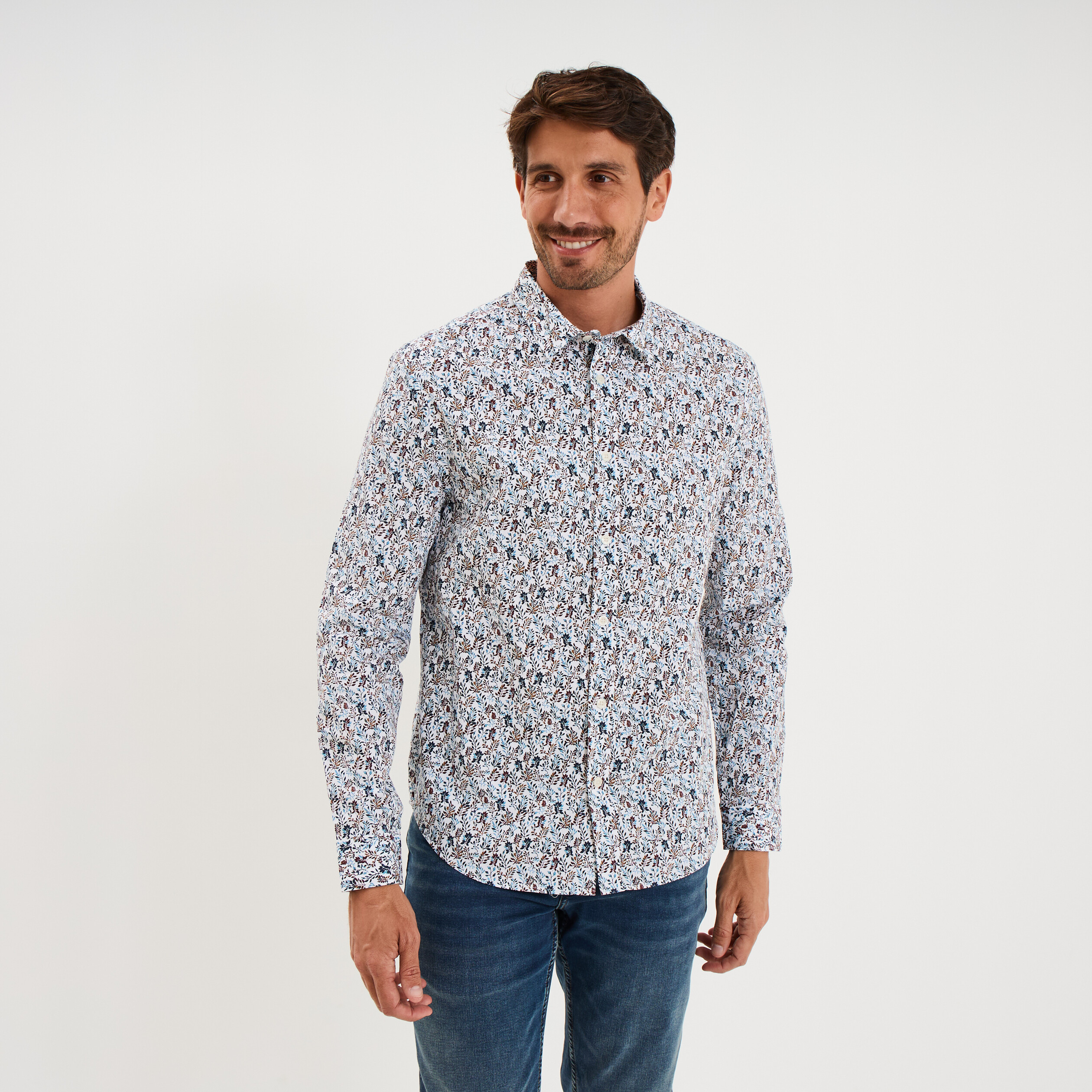Chemise droite imprim&eacute;e manches longues ecru homme