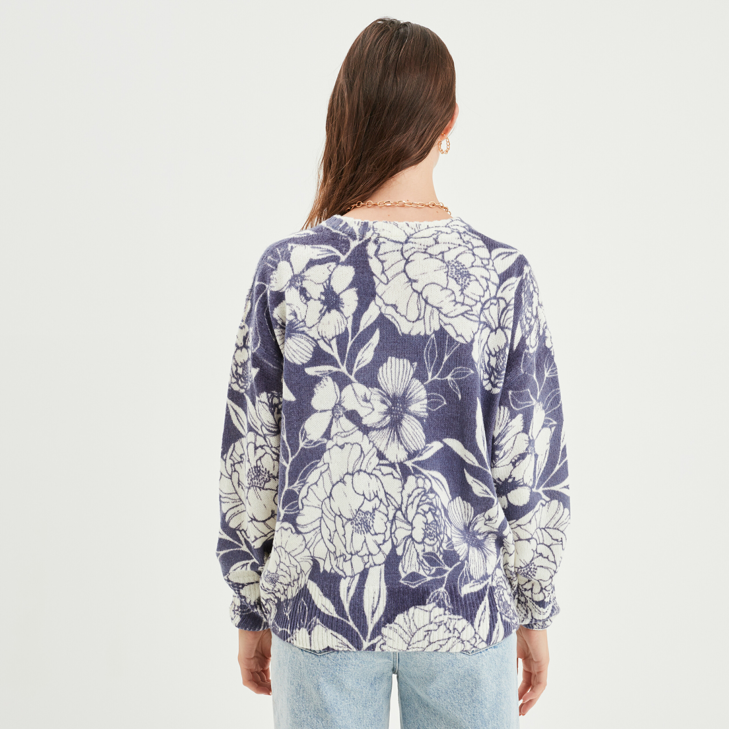 Pull col rond manches longues bleu femme