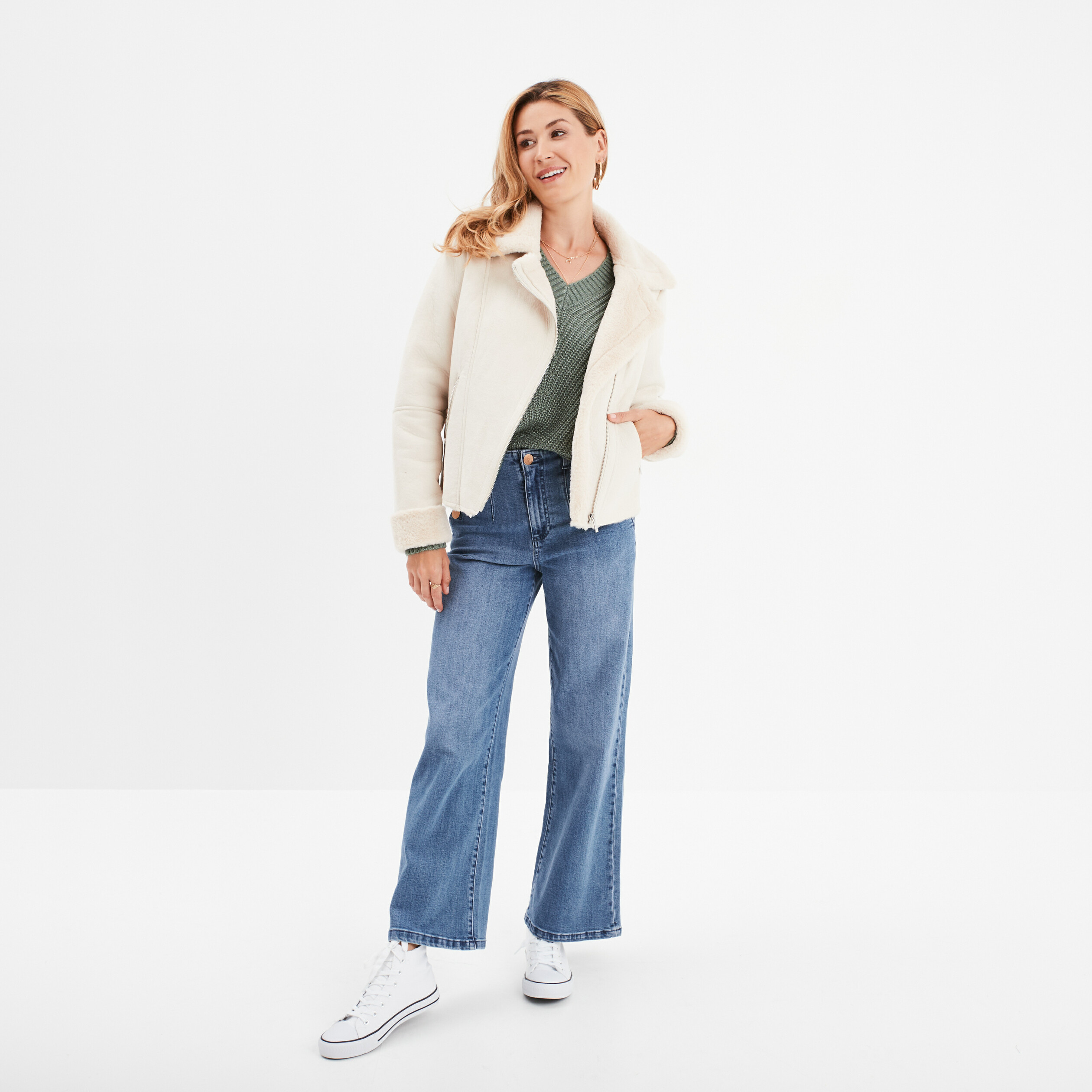 veste col aviateur zippee doublee beige femme Veste col aviateur zippée doublée beige femme