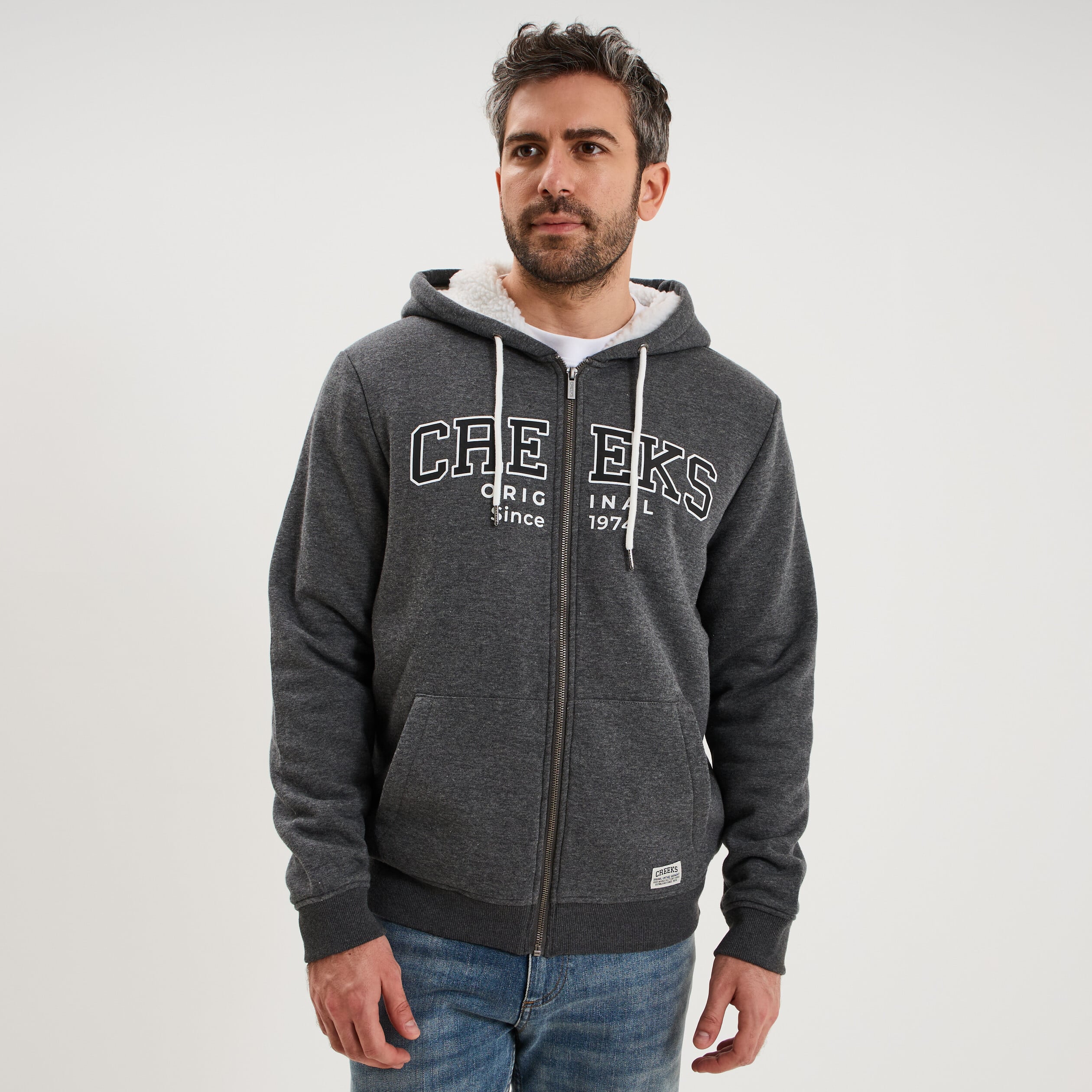 Sweat zipp&eacute; &agrave; capuche doubl&eacute; gris fonc&eacute; homme